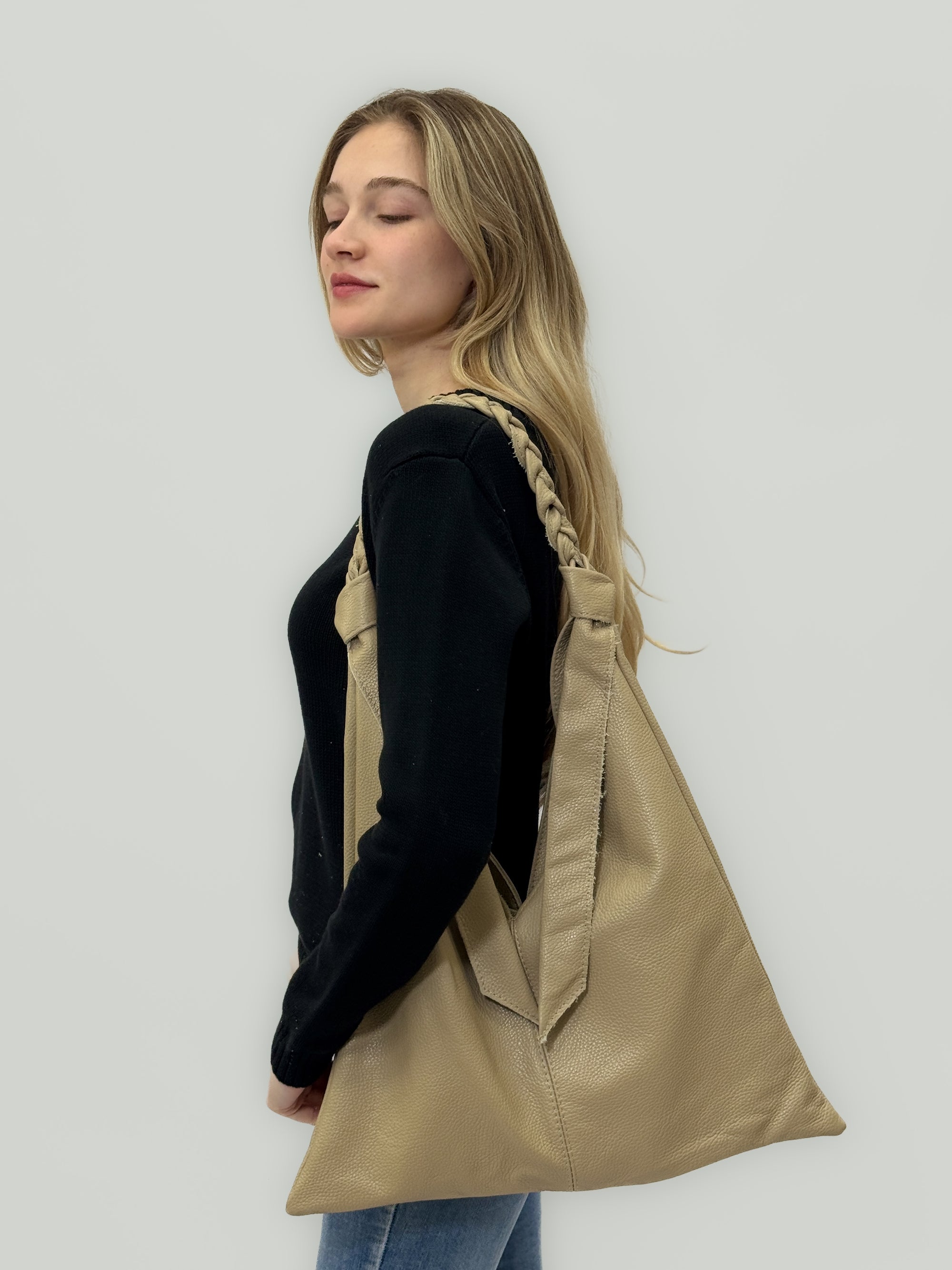 Borsa shopper in vera pelle con zip e manico intrecciato - Made in Italy