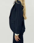 Blazer Donna Gessato Blu Elegante Monopetto