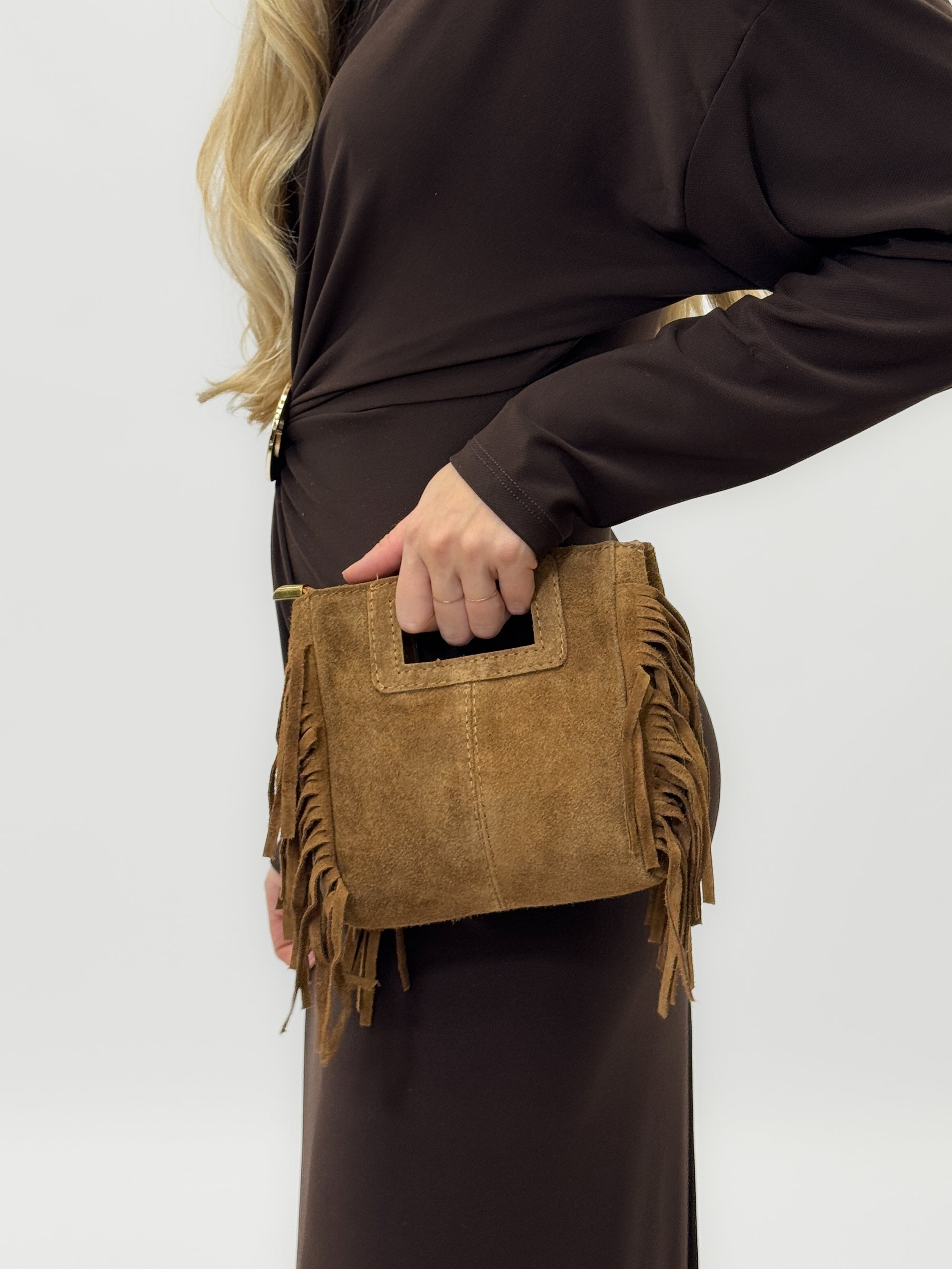 Borsa mini in vera pelle scamosciata con frange – Made in Italy