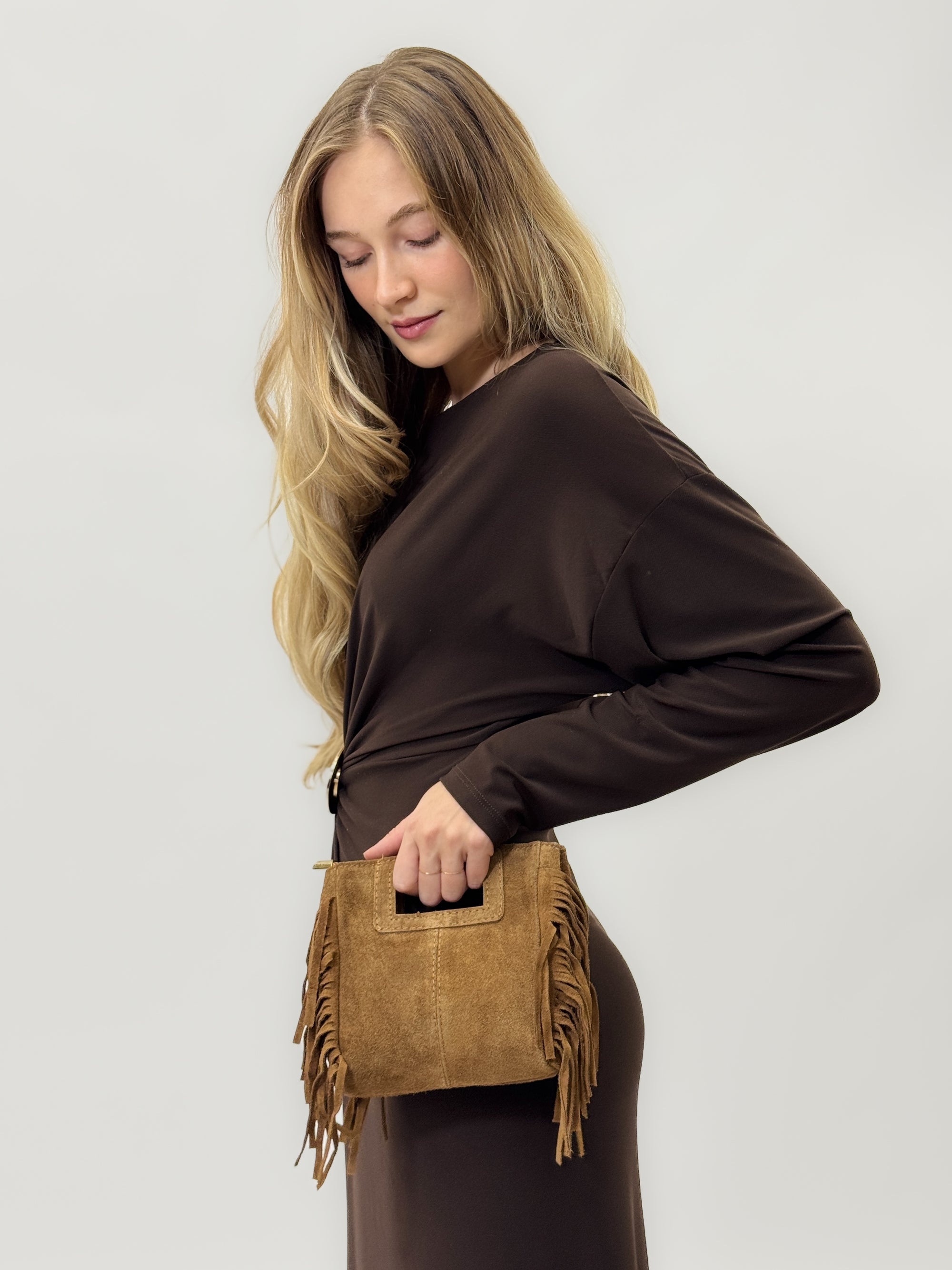 Borsa mini in vera pelle scamosciata con frange – Made in Italy