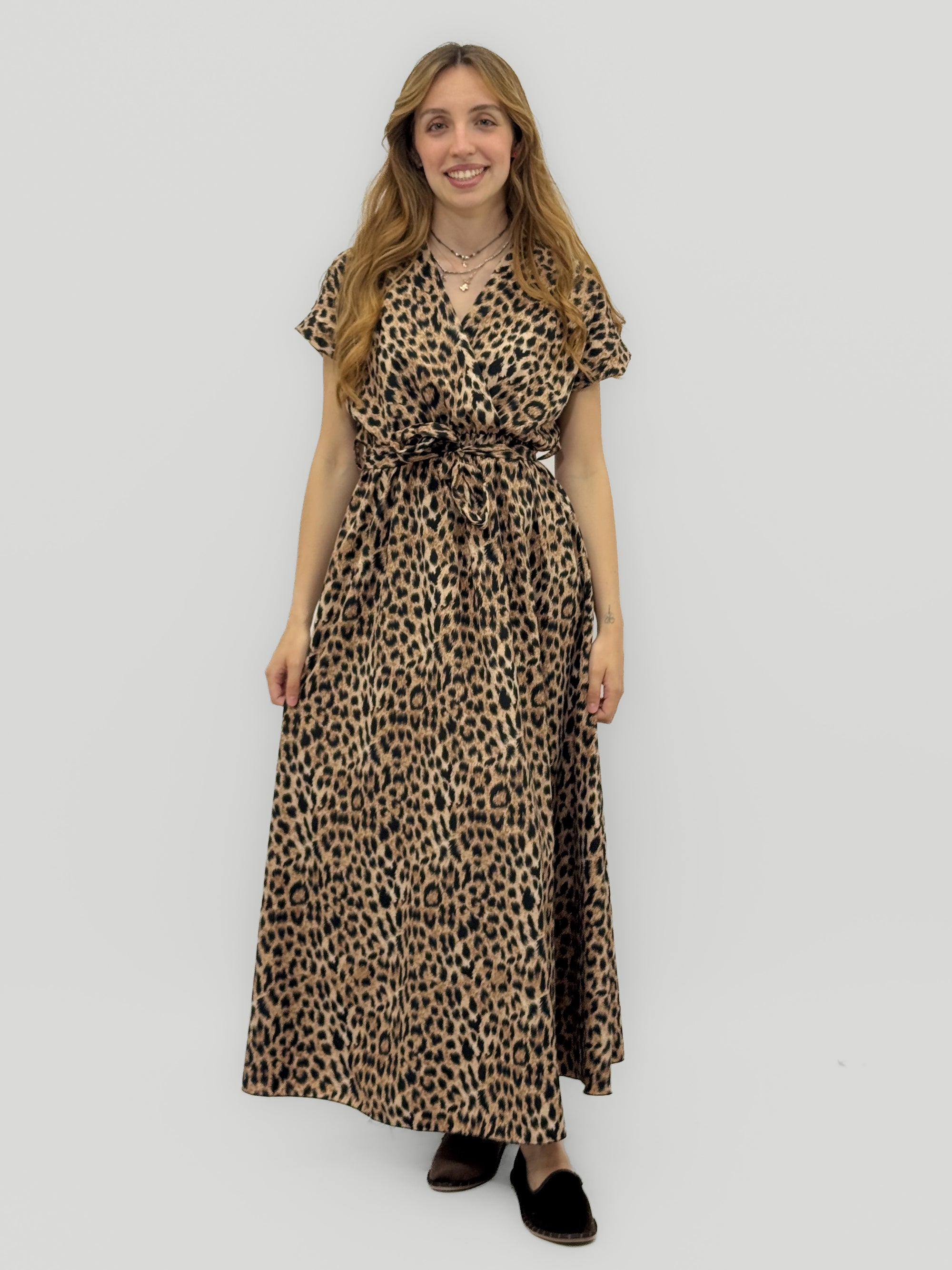 Abito Lungo Animalier con Scollo Incrociato