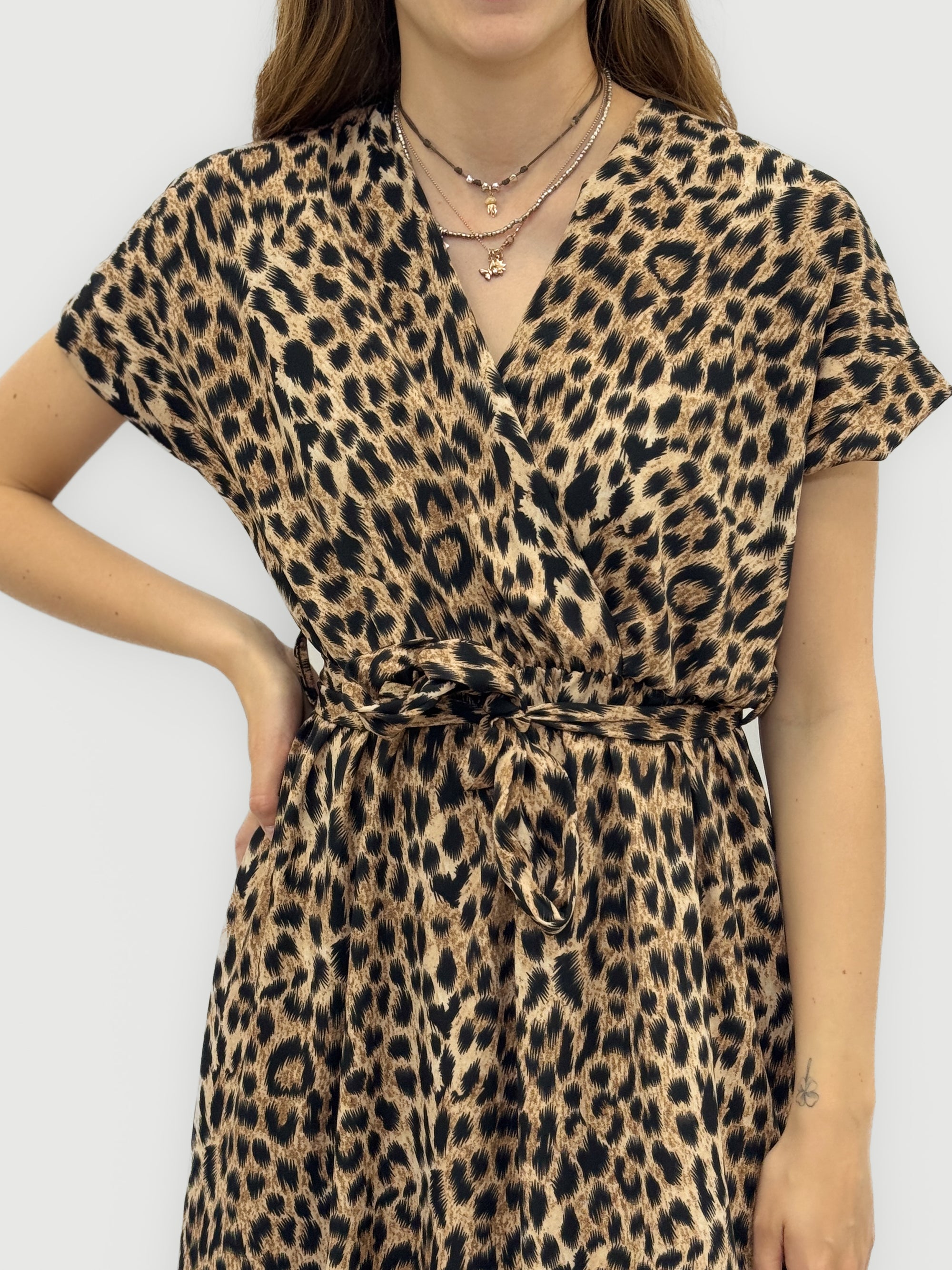 Abito Lungo Animalier con Scollo Incrociato