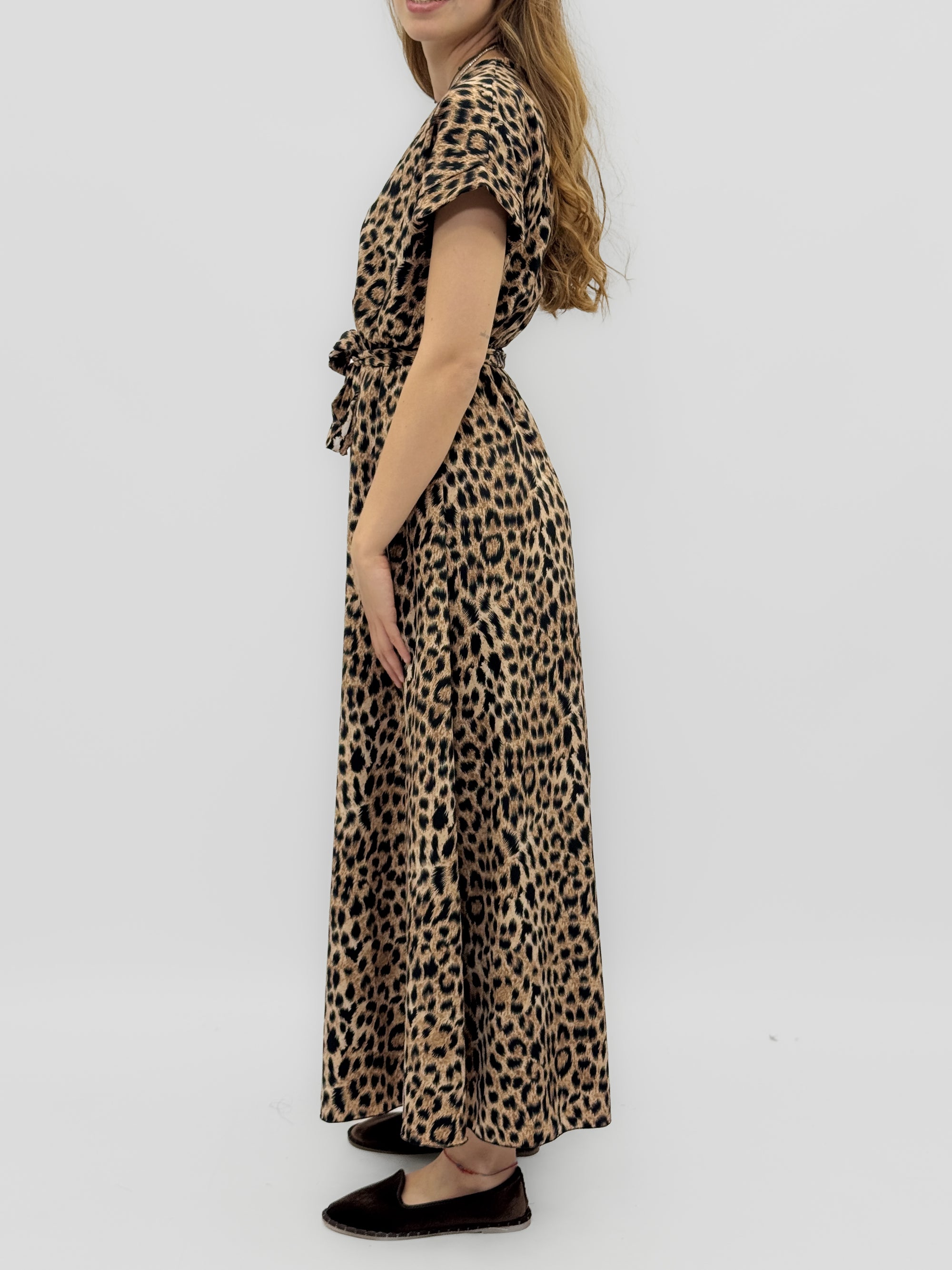 Abito Lungo Animalier con Scollo Incrociato