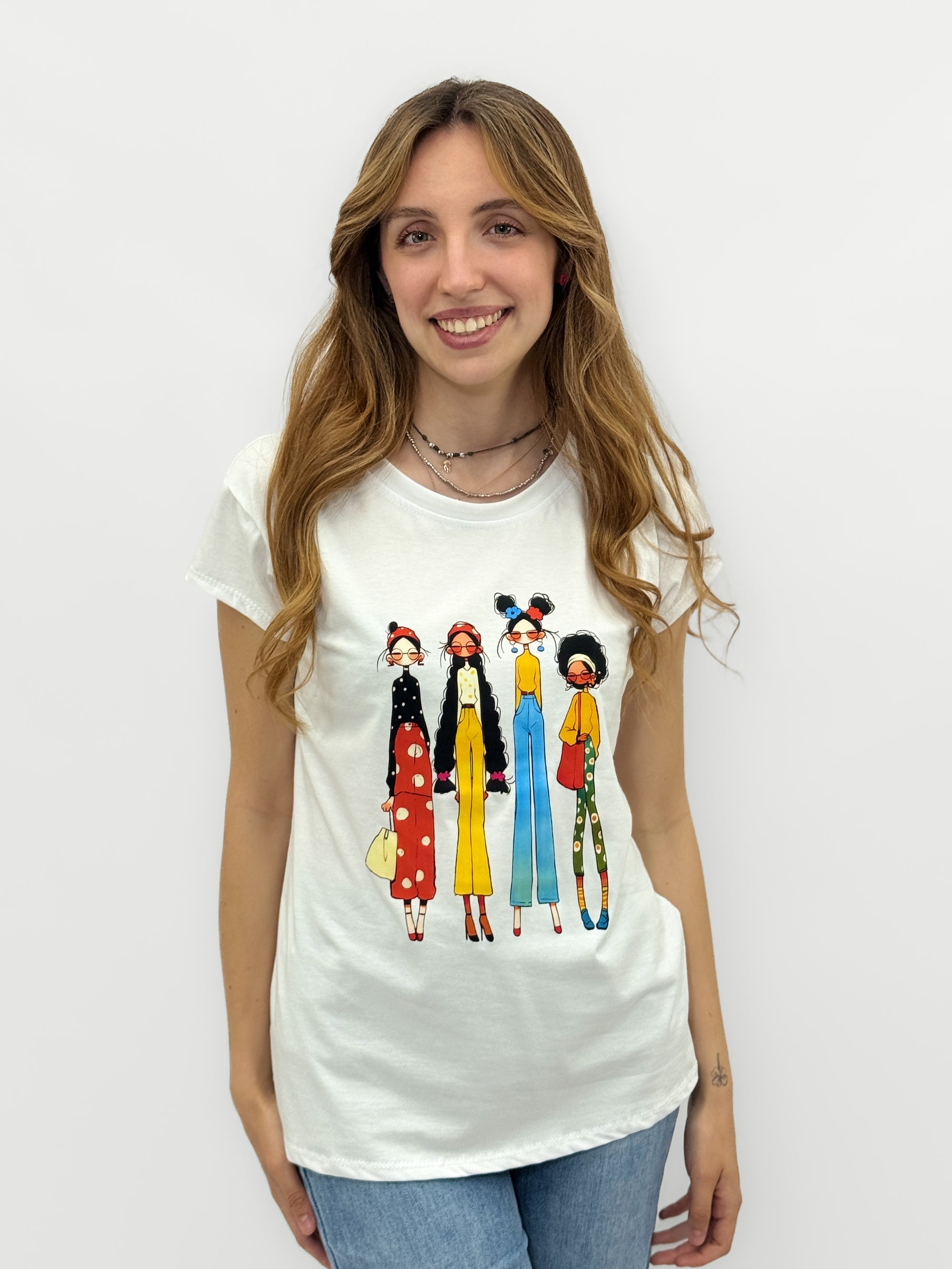 T-shirt Bianca con Stampa Fashion Girls