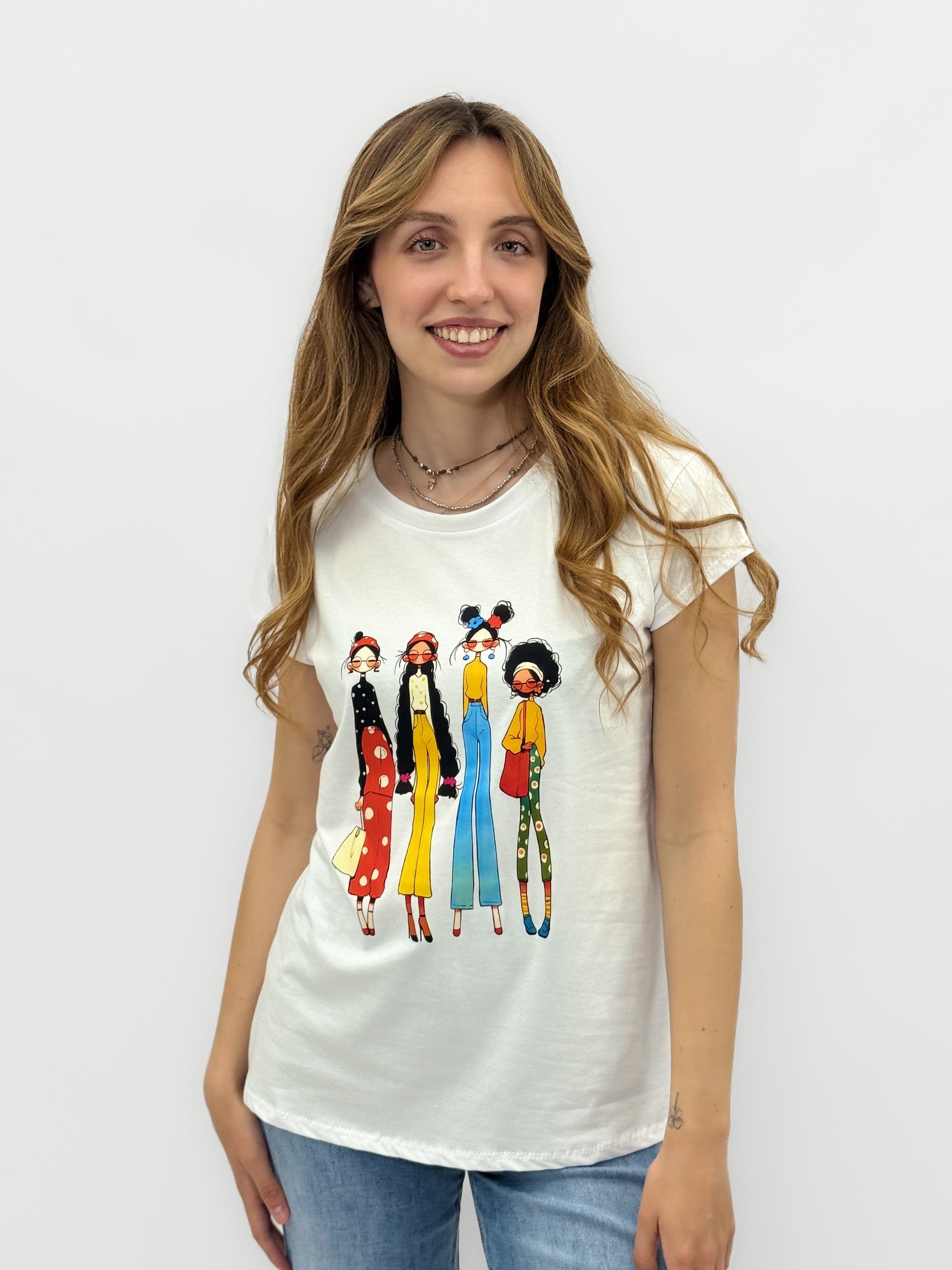T-shirt Bianca con Stampa Fashion Girls
