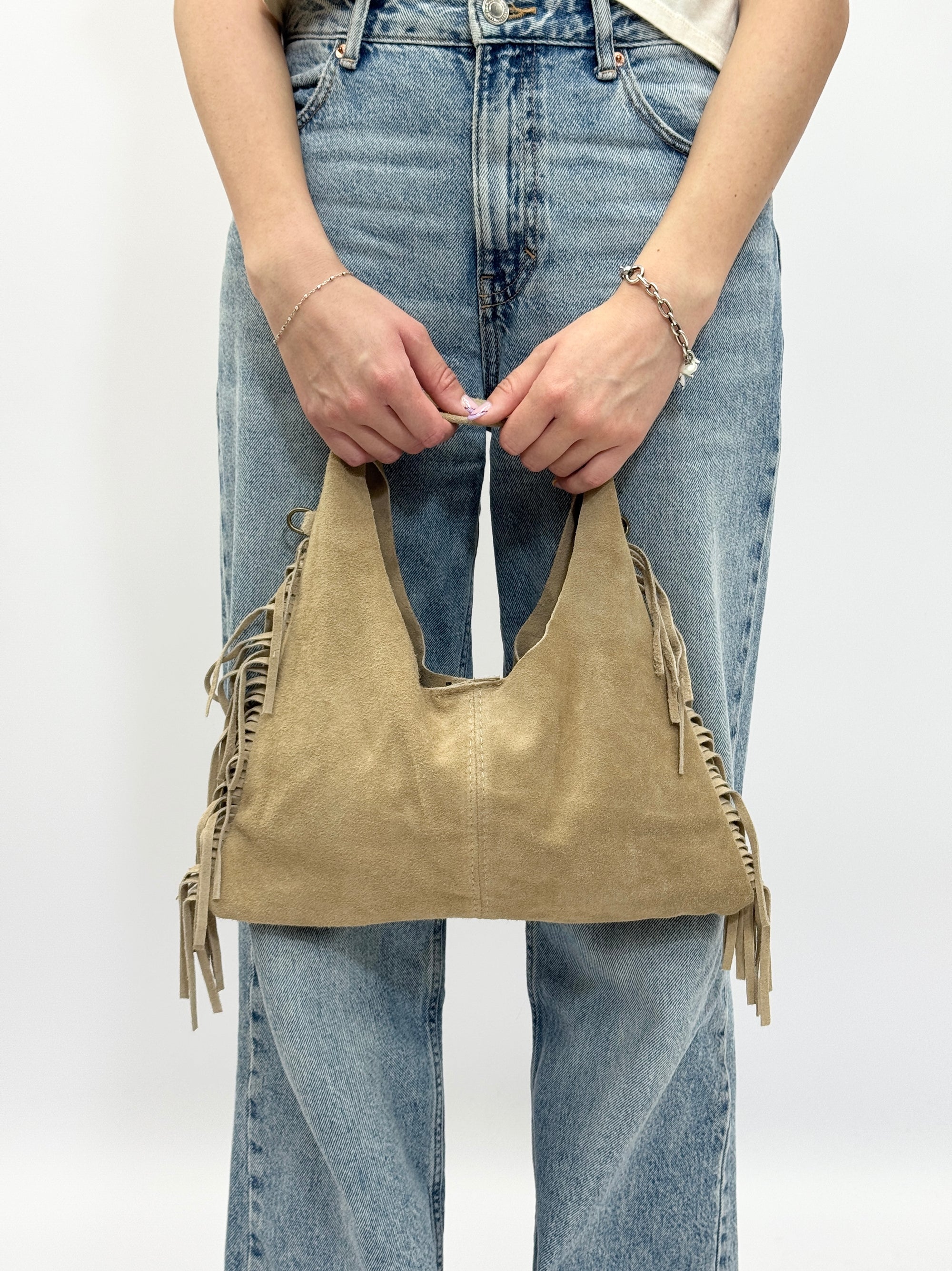 Borsa hobo in vera pelle scamosciata con frange - Made in Italy