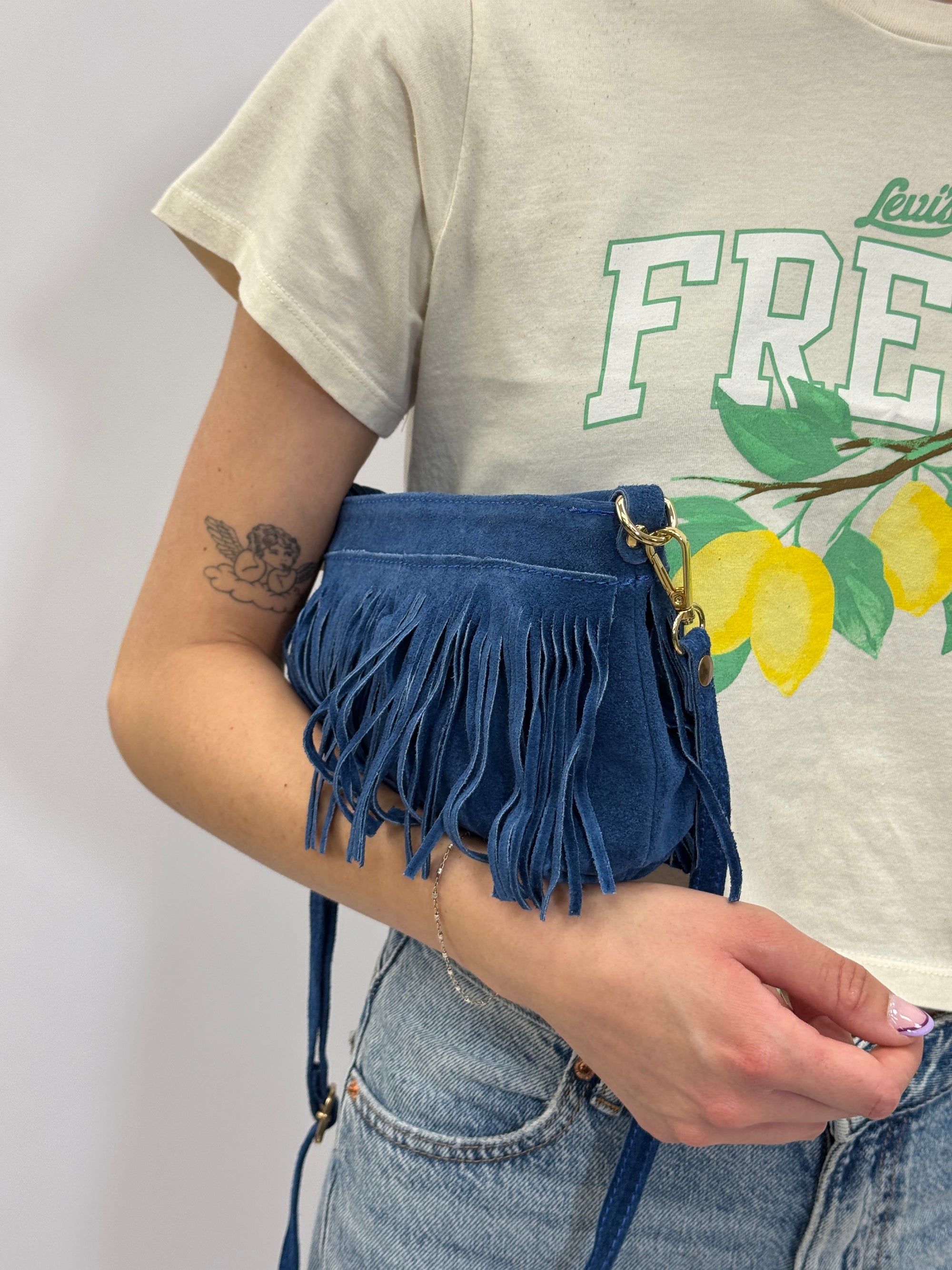 Borsa a tracolla in pelle scamosciata con frange – modello Wild West