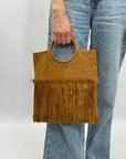 Borsa con manico rigido e frange in vera pelle
