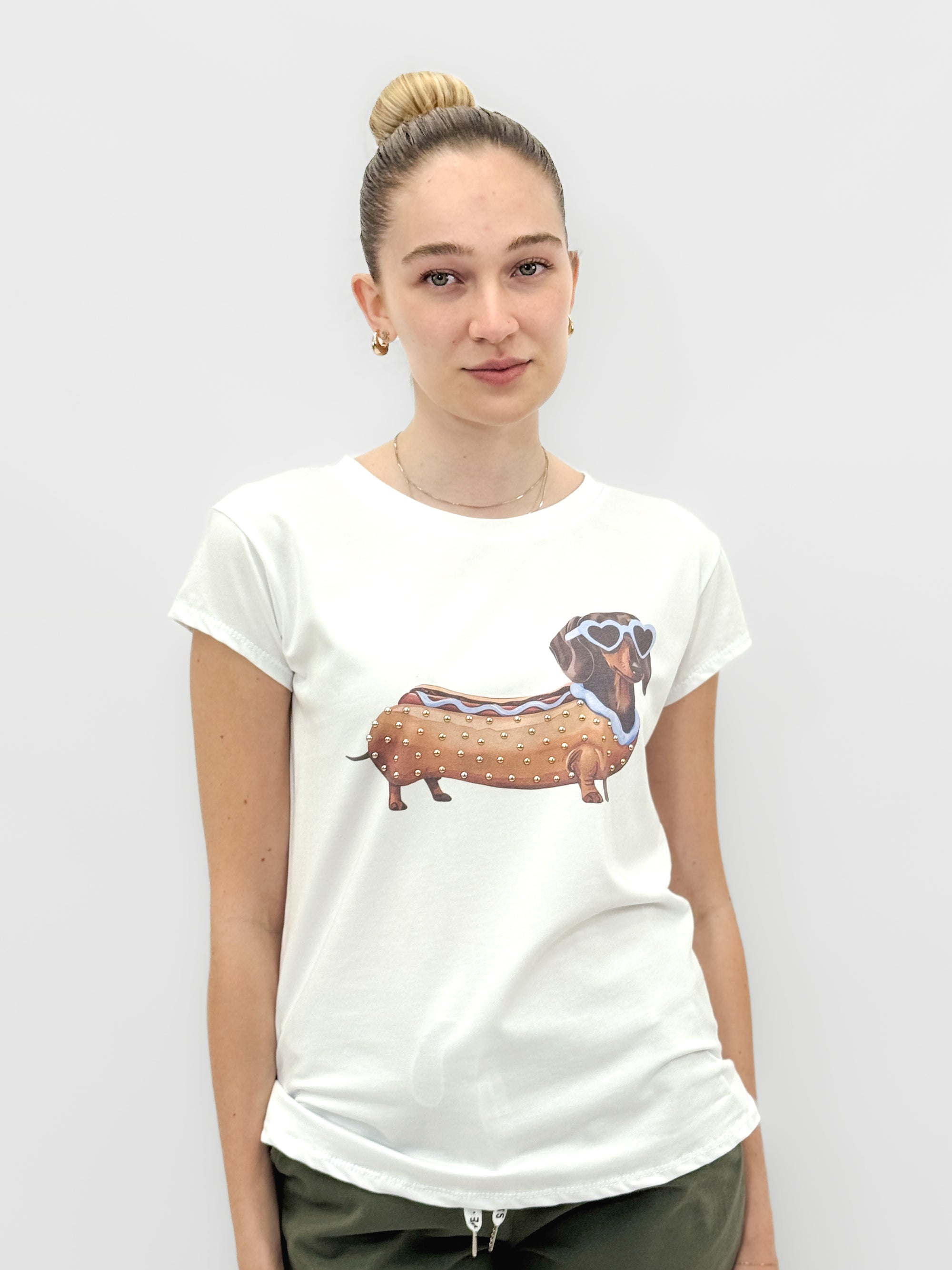 T-shirt Bianca in Cotone con Stampa Bassotto