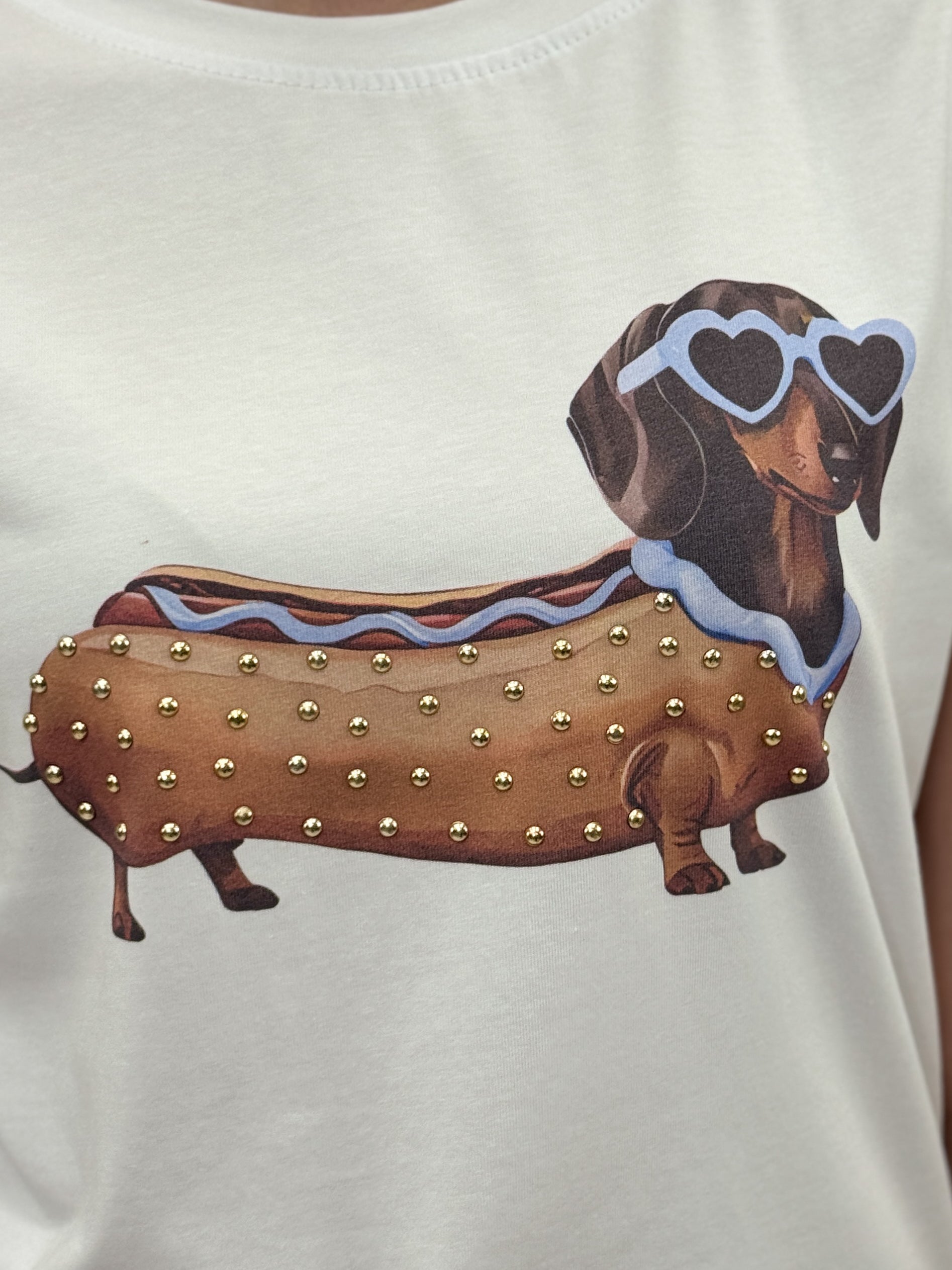T-shirt Bianca in Cotone con Stampa Bassotto