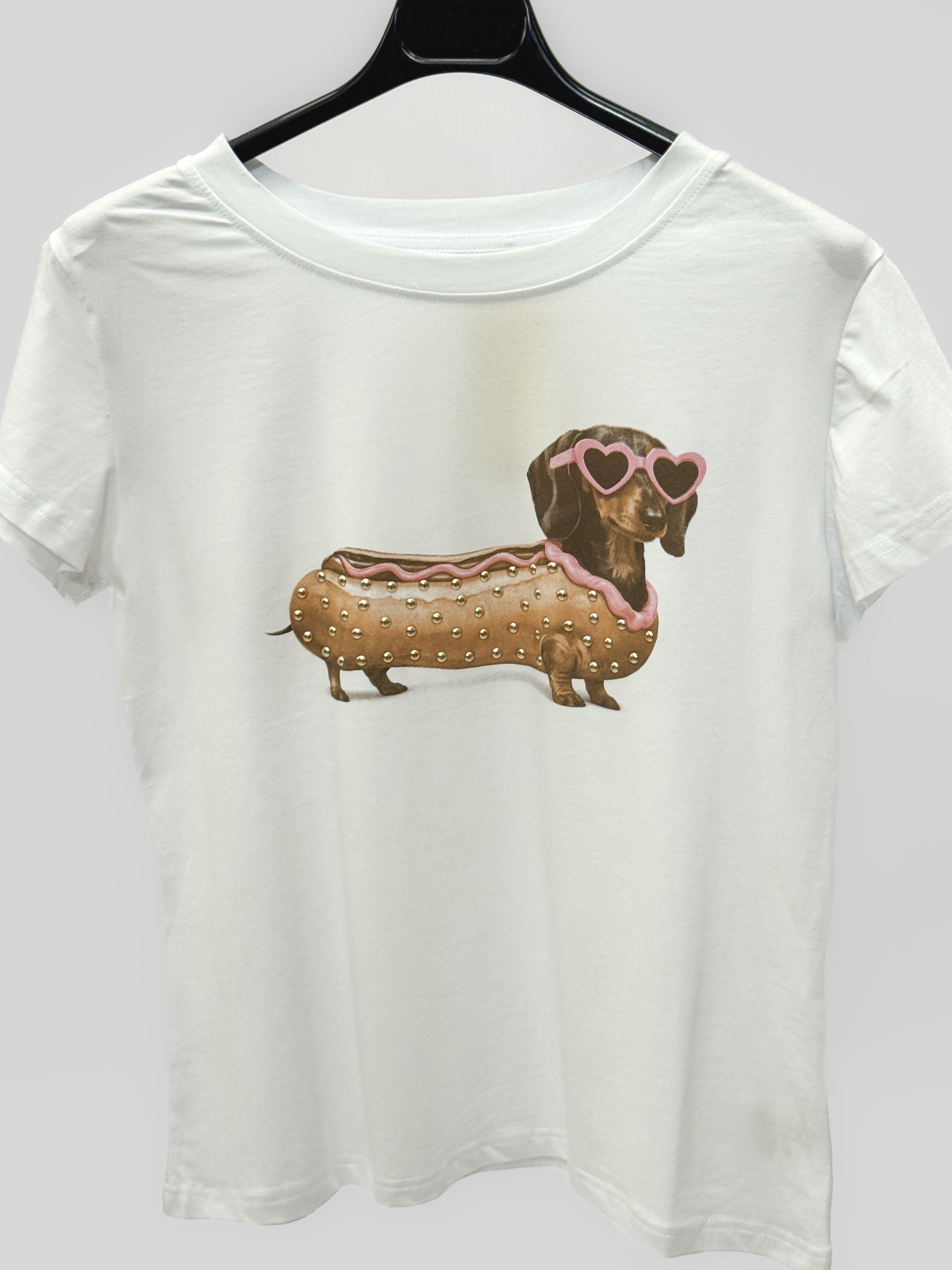 T-shirt Bianca in Cotone con Stampa Bassotto