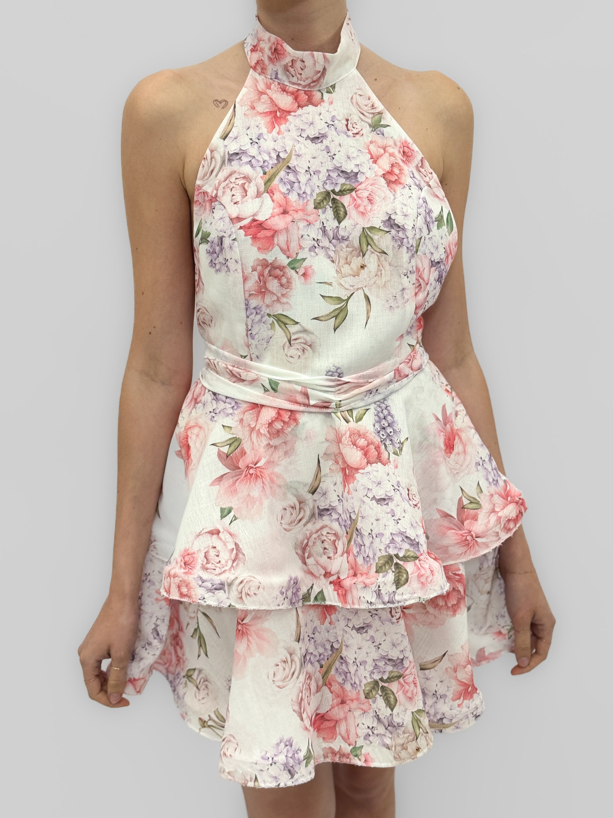 Abito Corto Floreale con Scollo Halter