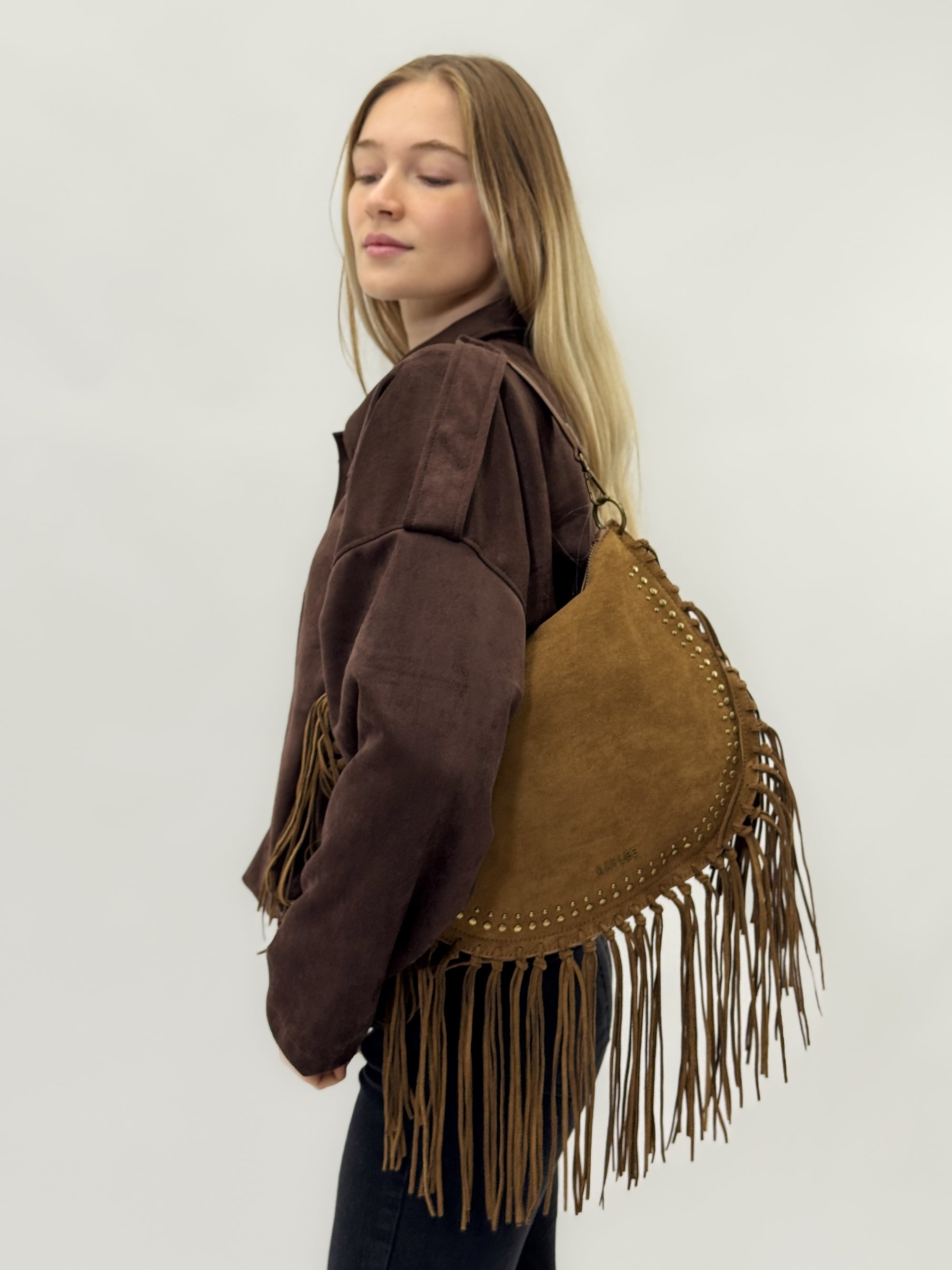 Borsa a spalla scamosciata con frange - stile boho chic