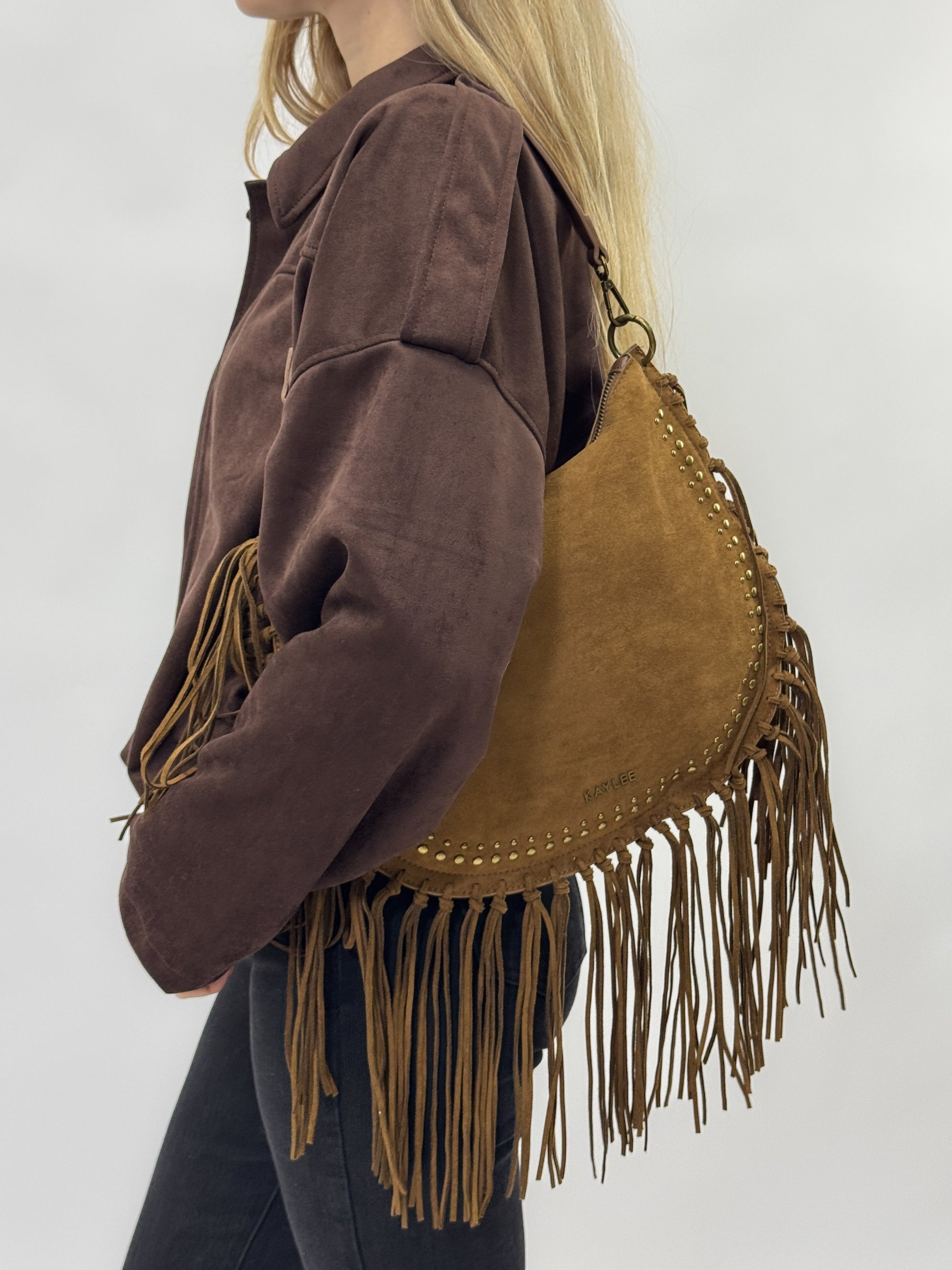 Borsa a spalla scamosciata con frange - stile boho chic
