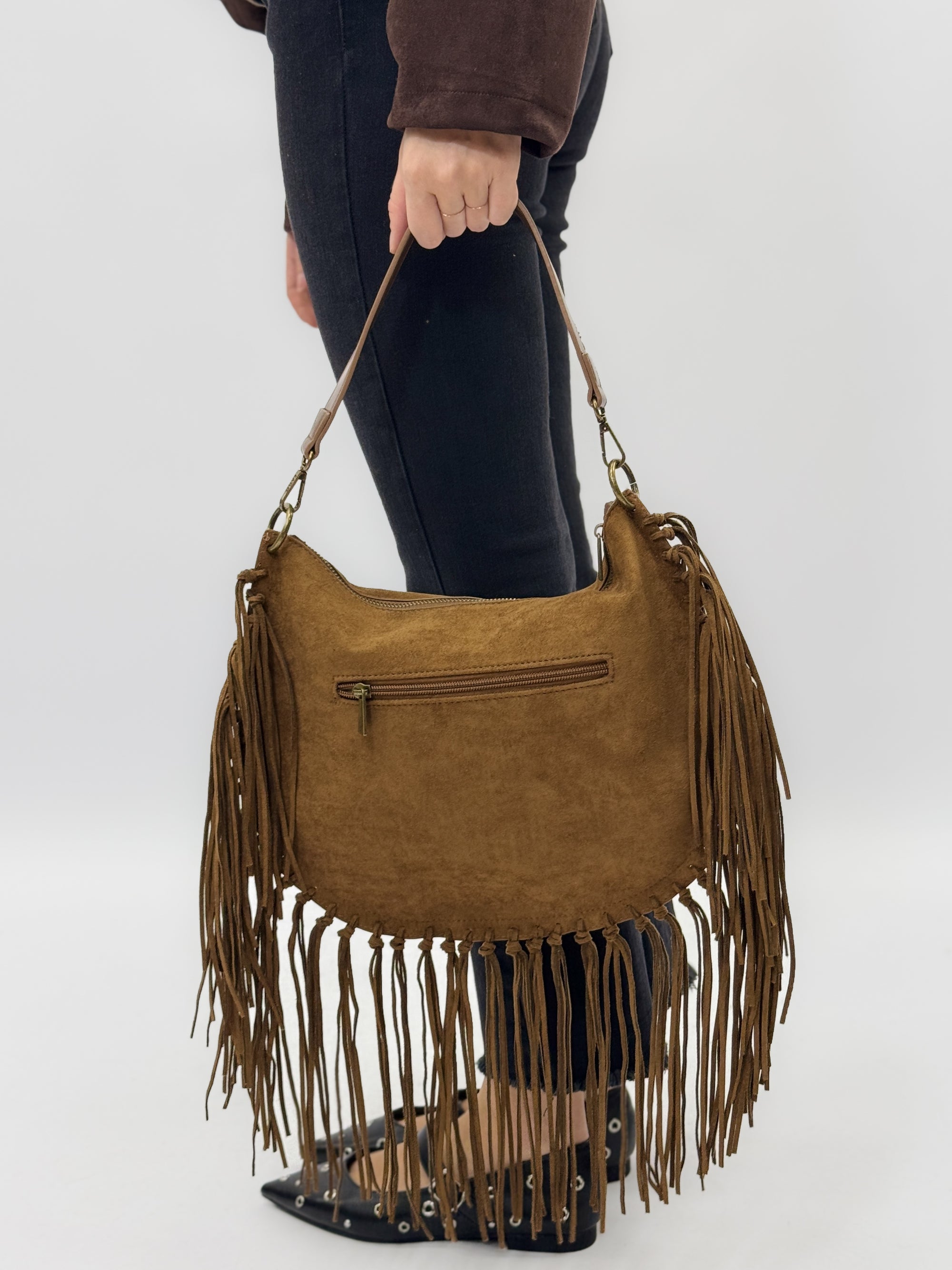 Borsa a spalla scamosciata con frange - stile boho chic