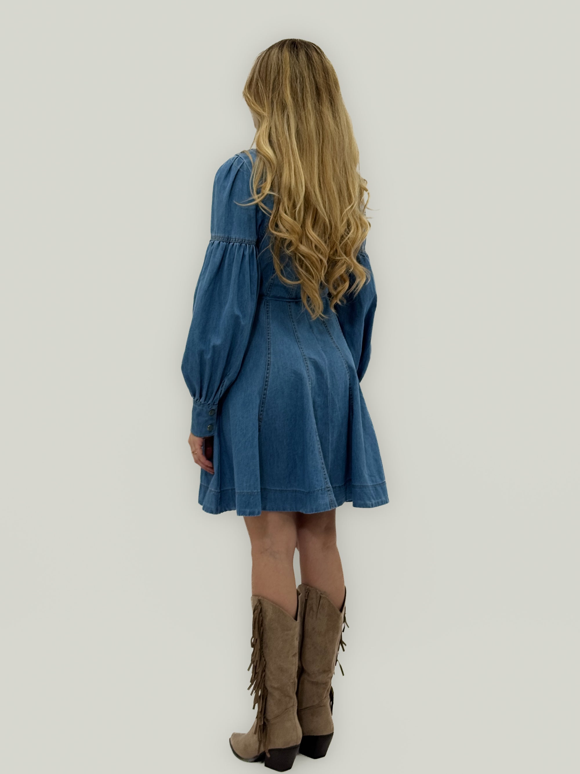 Abito Corto in Denim con Maniche a Palloncino e Cintura