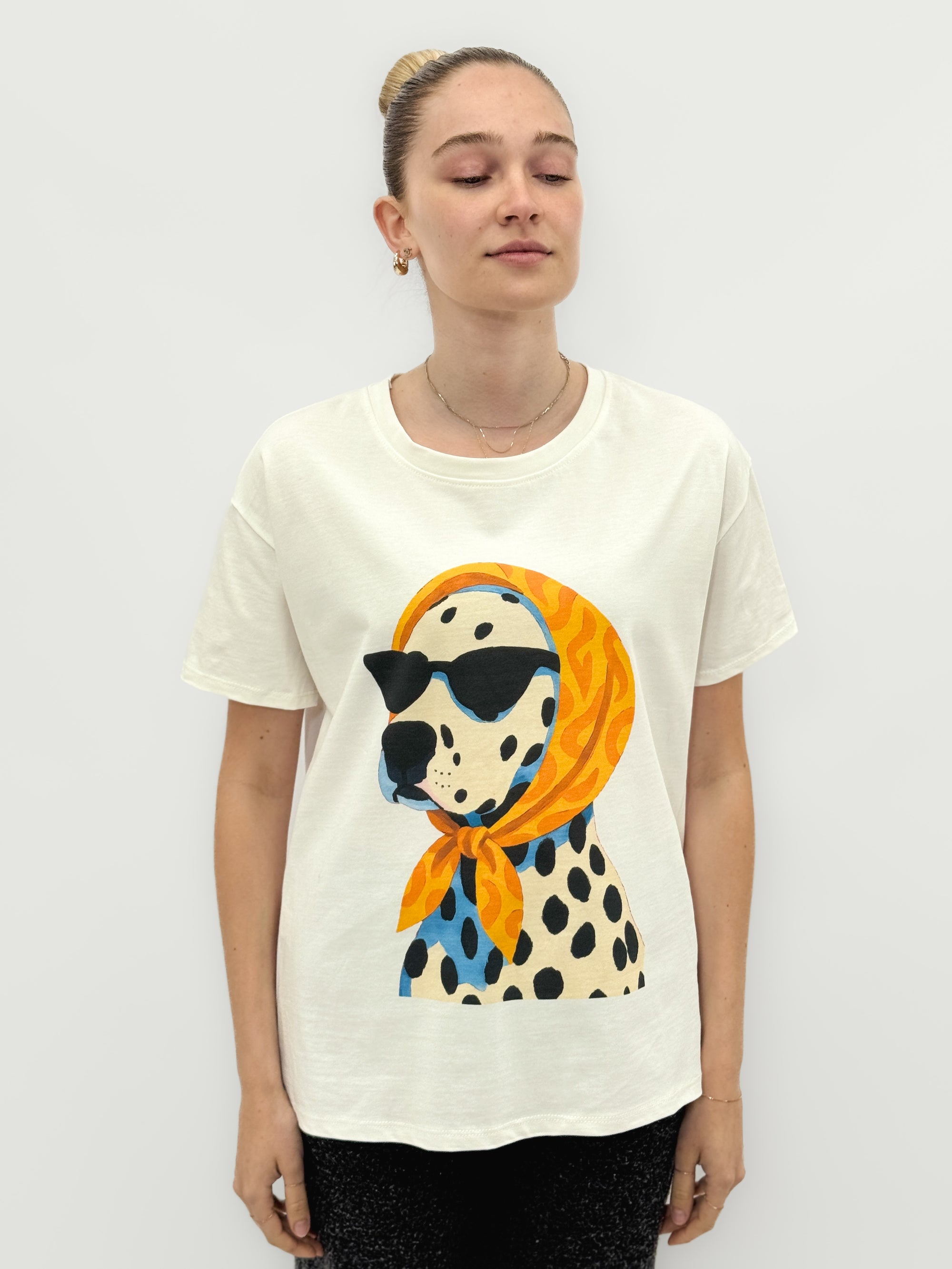 T-shirt Bianca con Stampa Dalmata Bandana