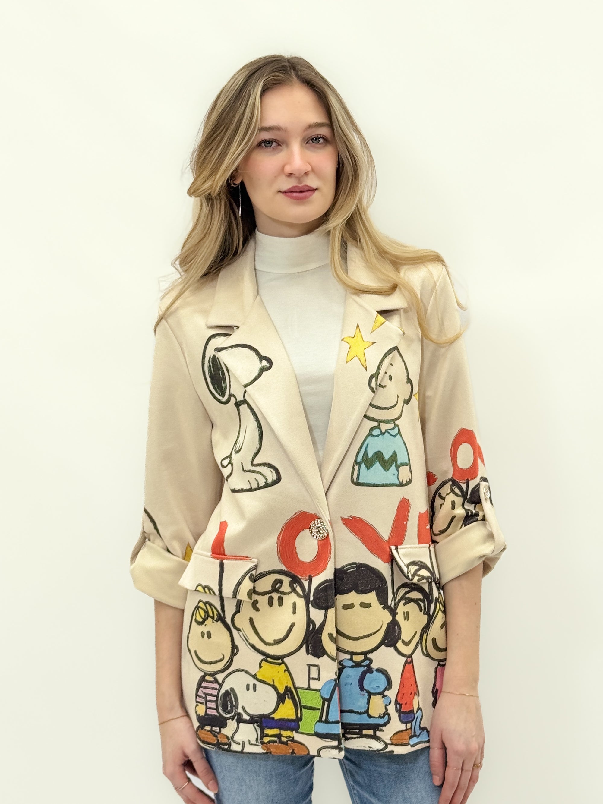 Blazer Beige con Stampa Cartoon Artistica