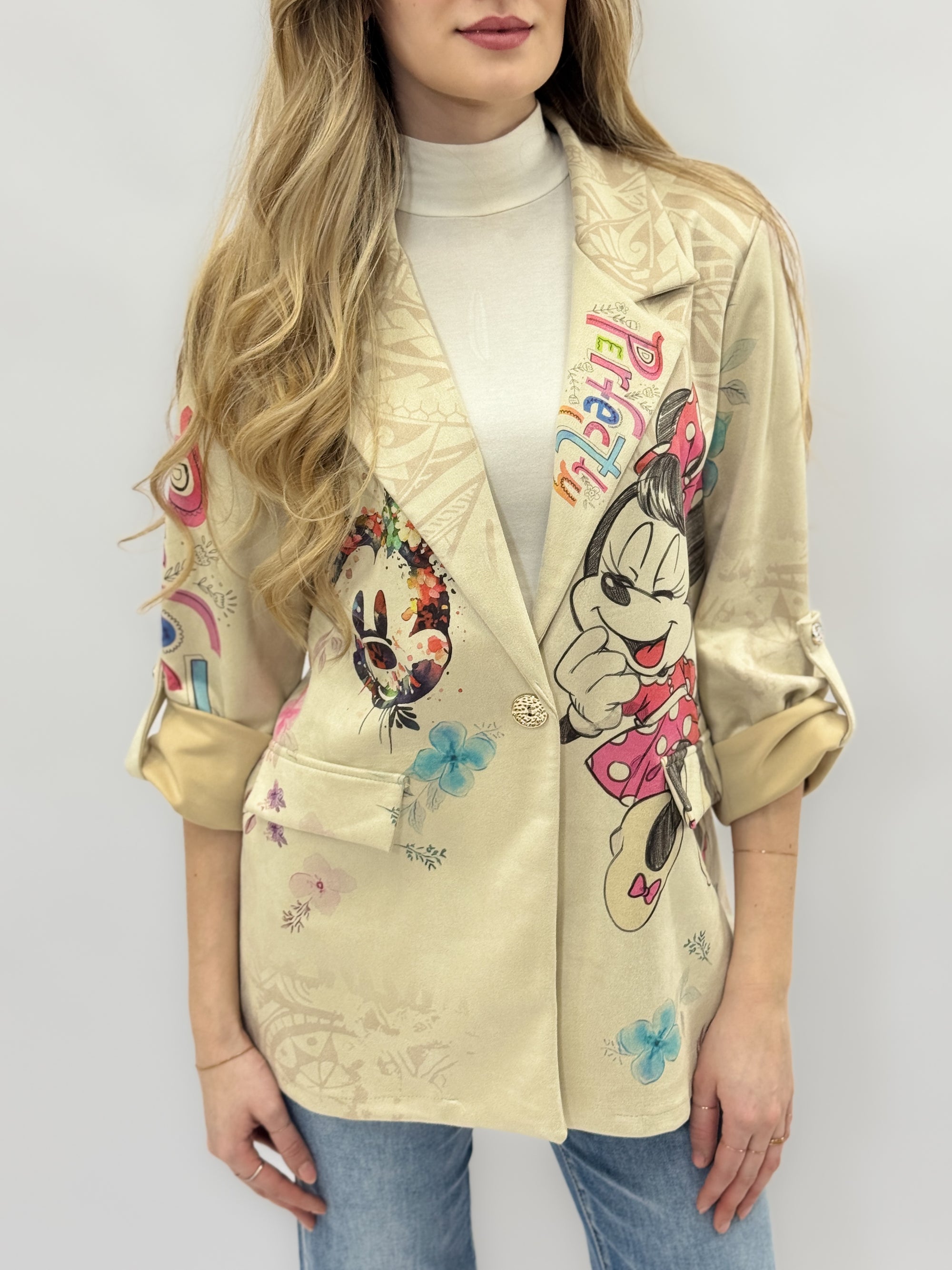 Blazer Beige con Stampa Cartoon Artistica