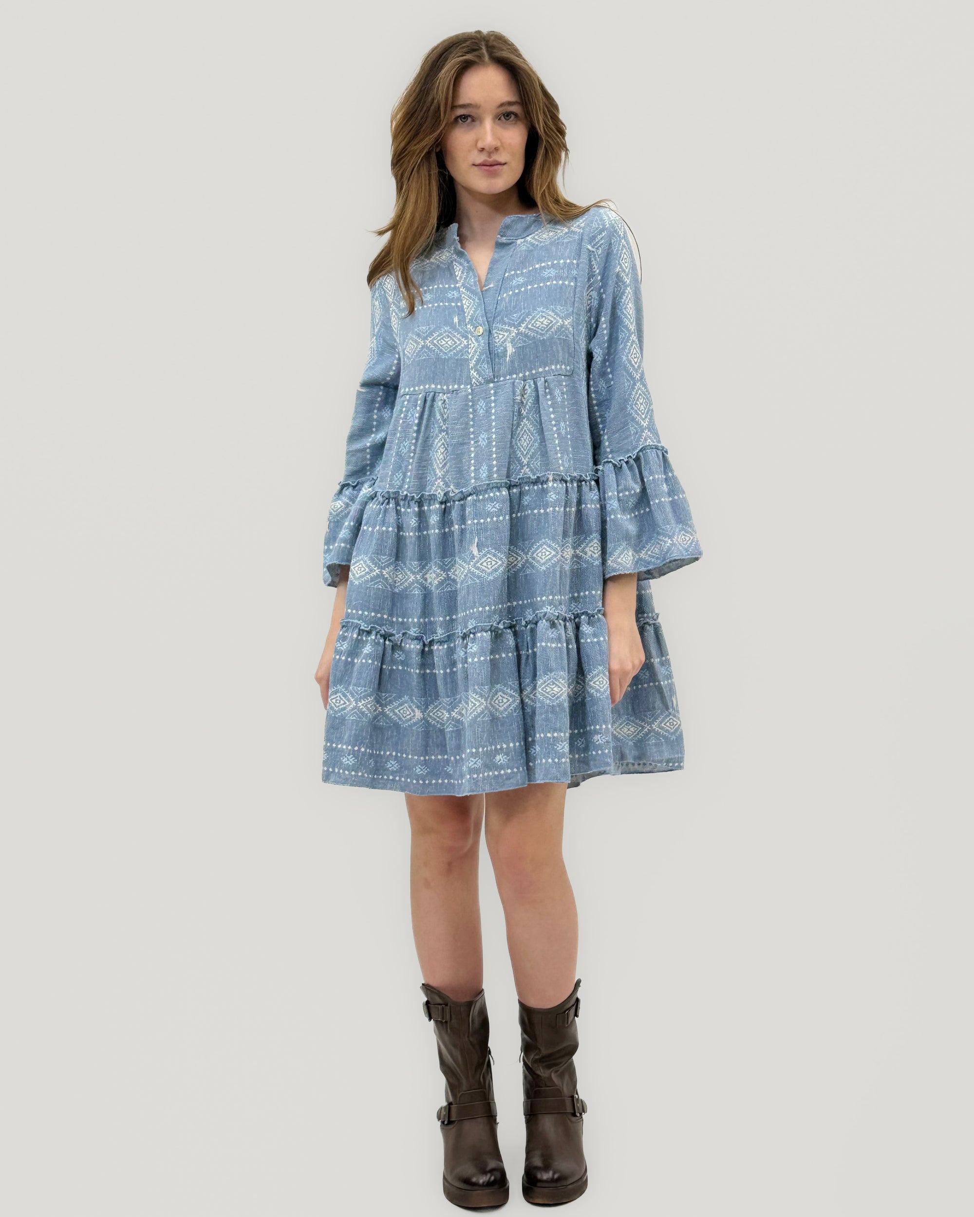 Abito Corto Fantasia Boho – Azzurro Denim
