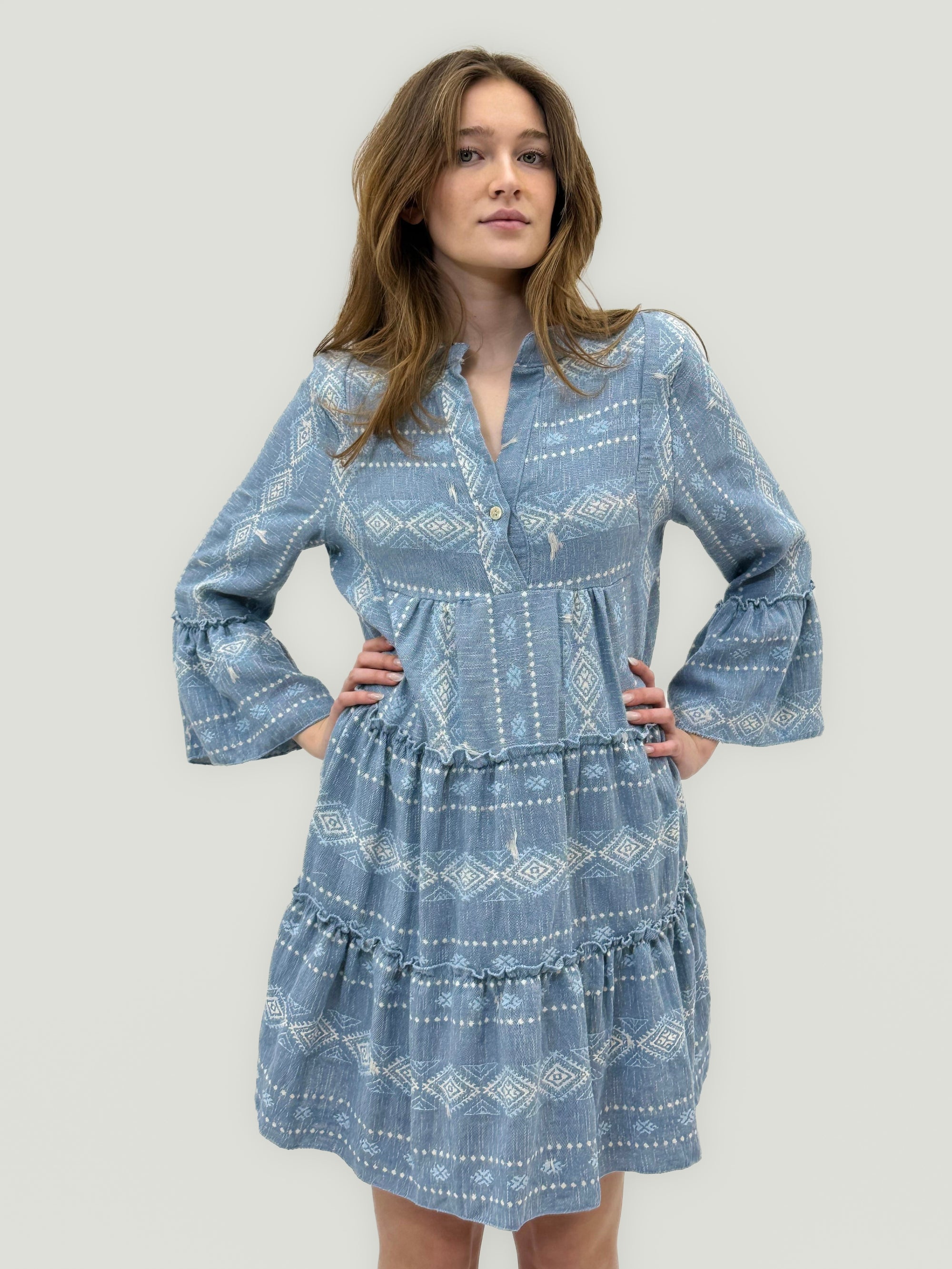 Abito Corto Fantasia Boho – Azzurro Denim