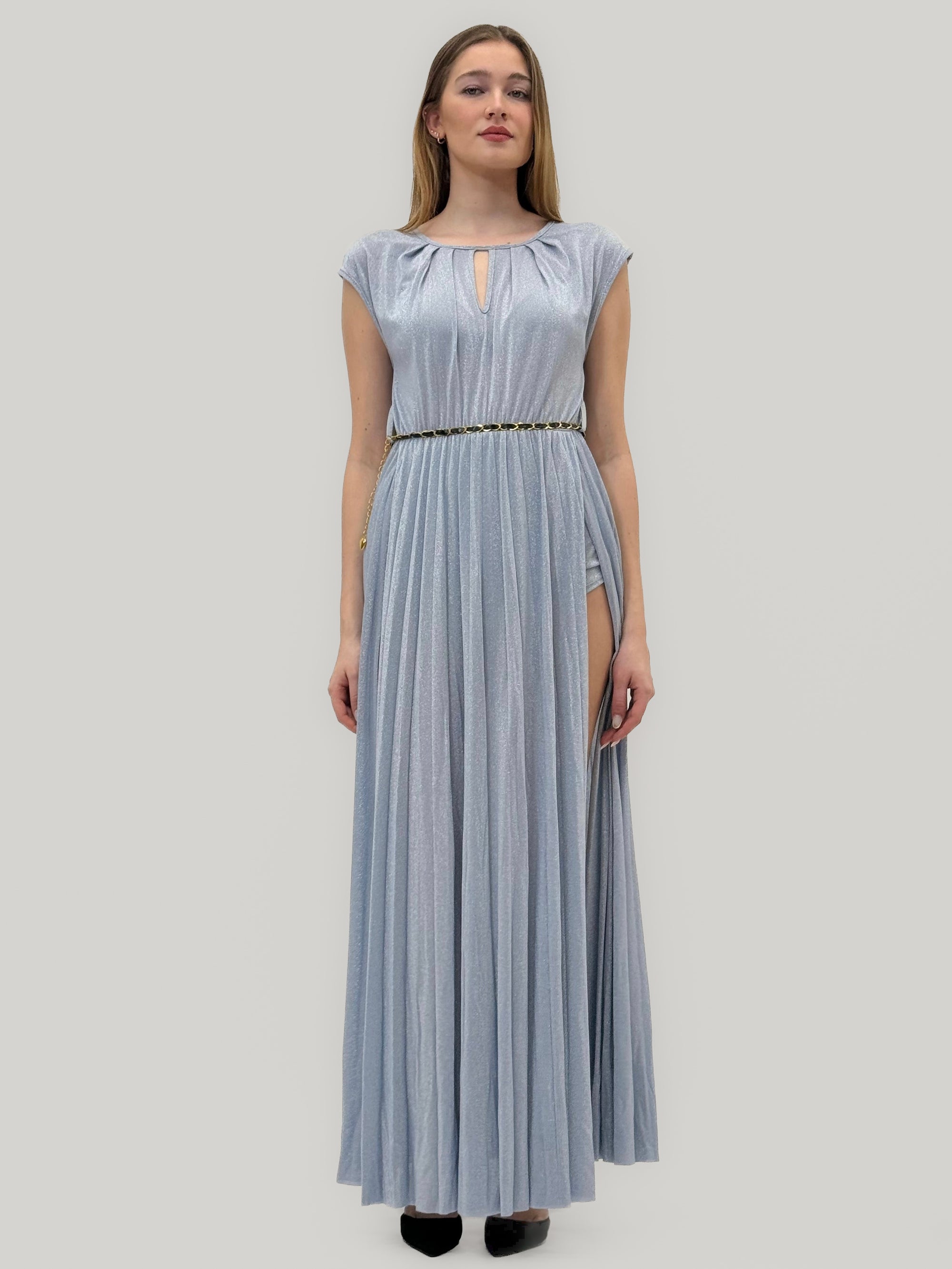 Abito Lungo Laminato con Spacco