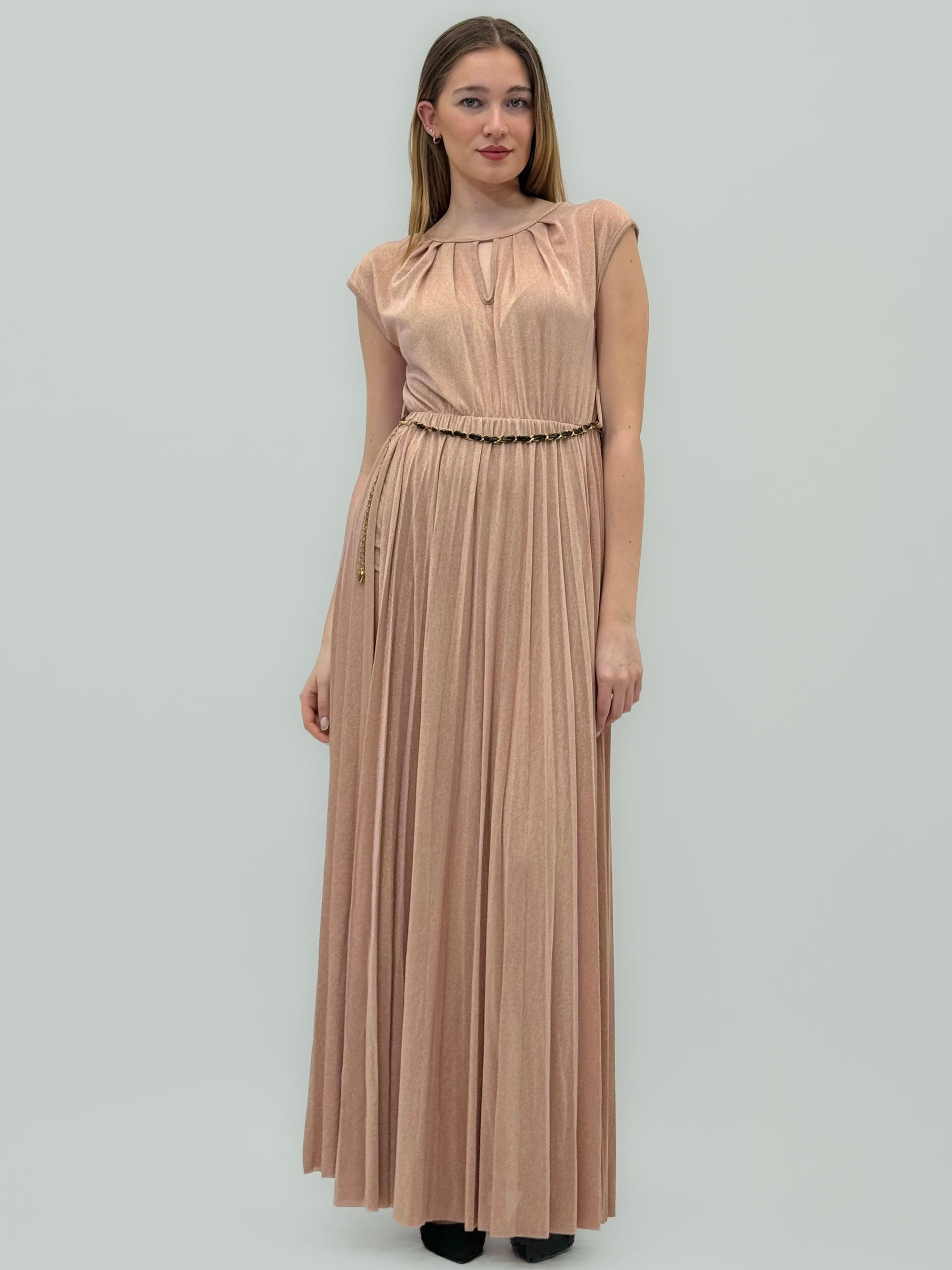 Abito Lungo Laminato con Spacco