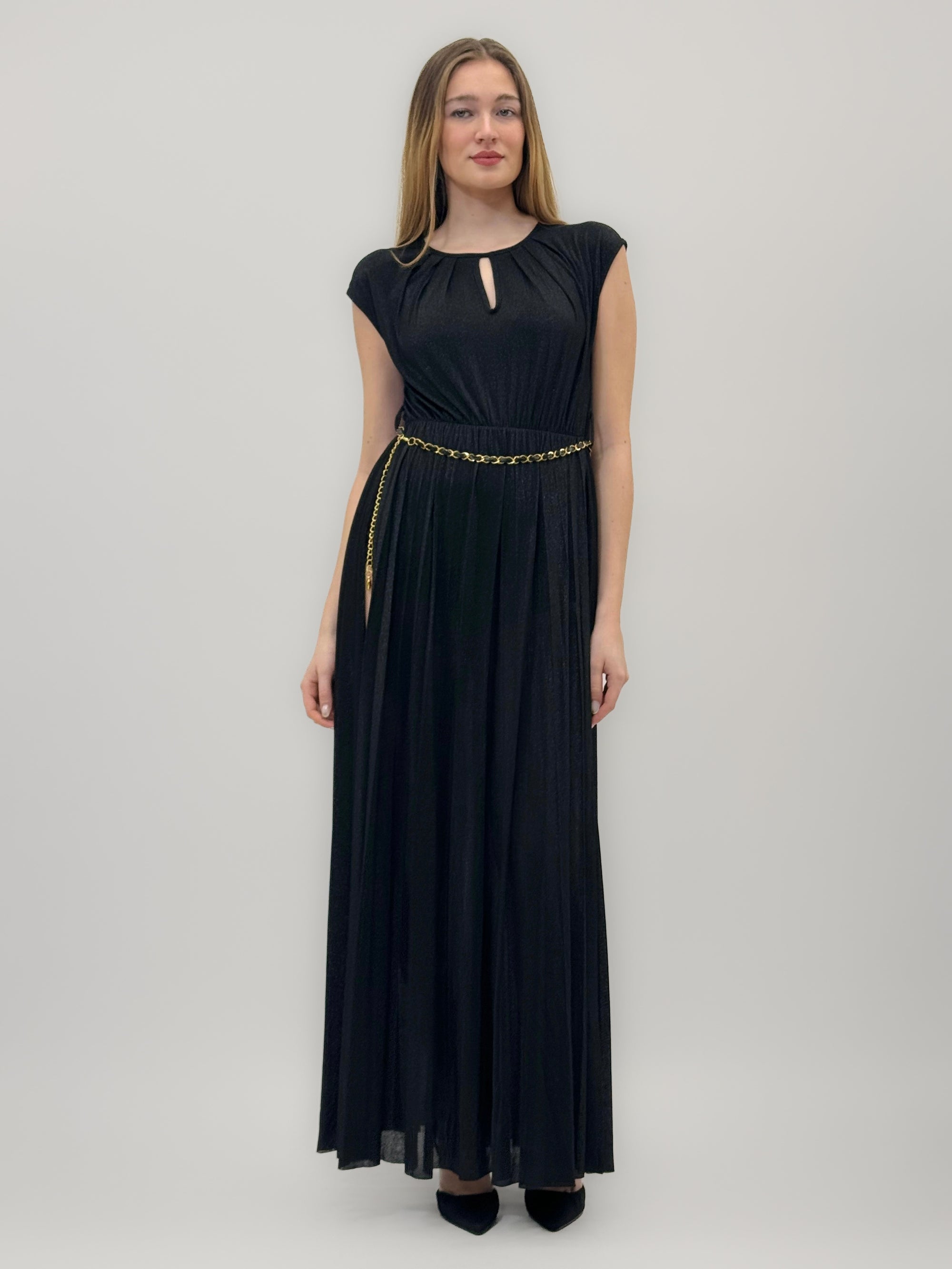 Abito Lungo Laminato con Spacco