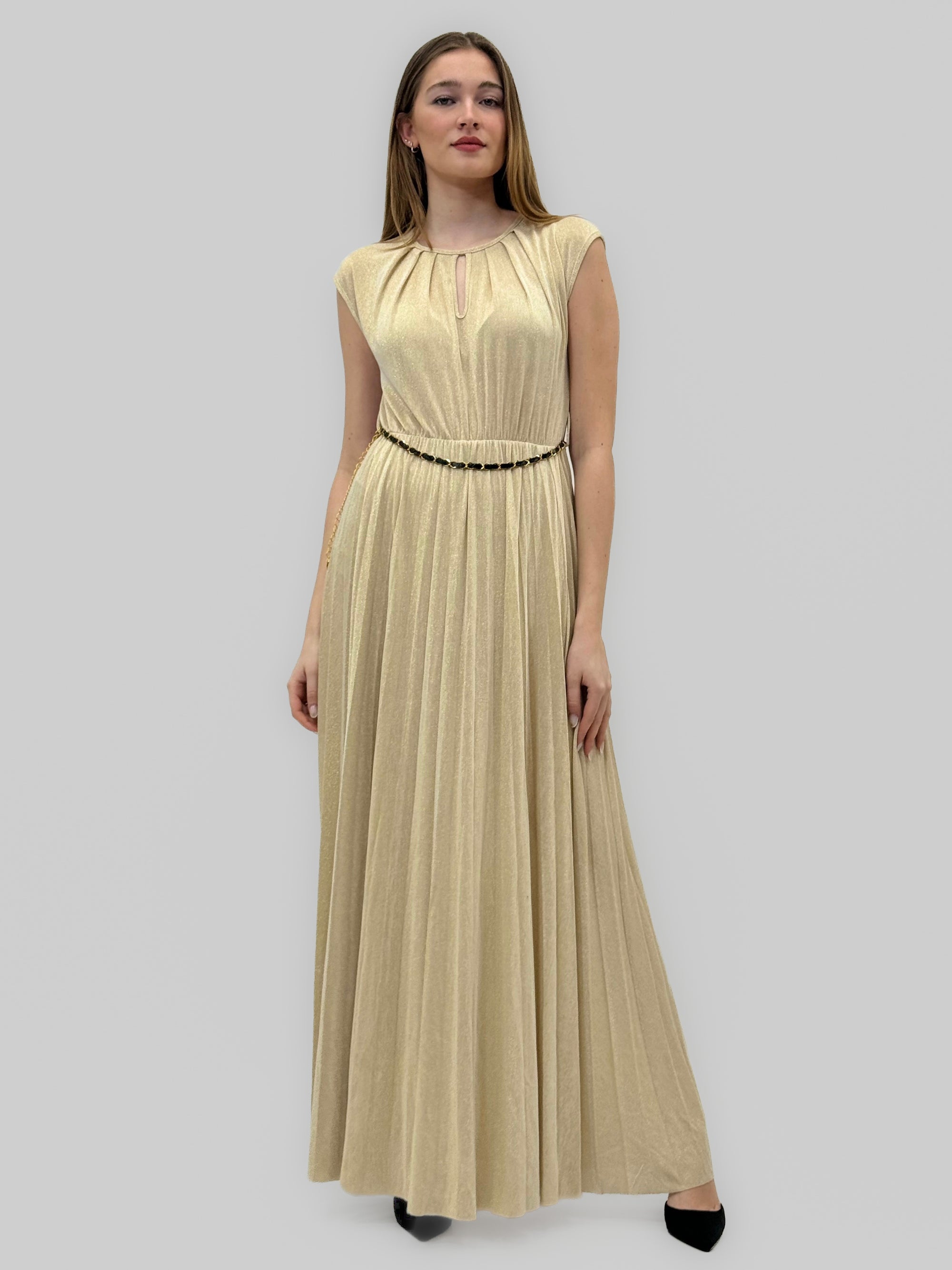 Abito Lungo Laminato con Spacco