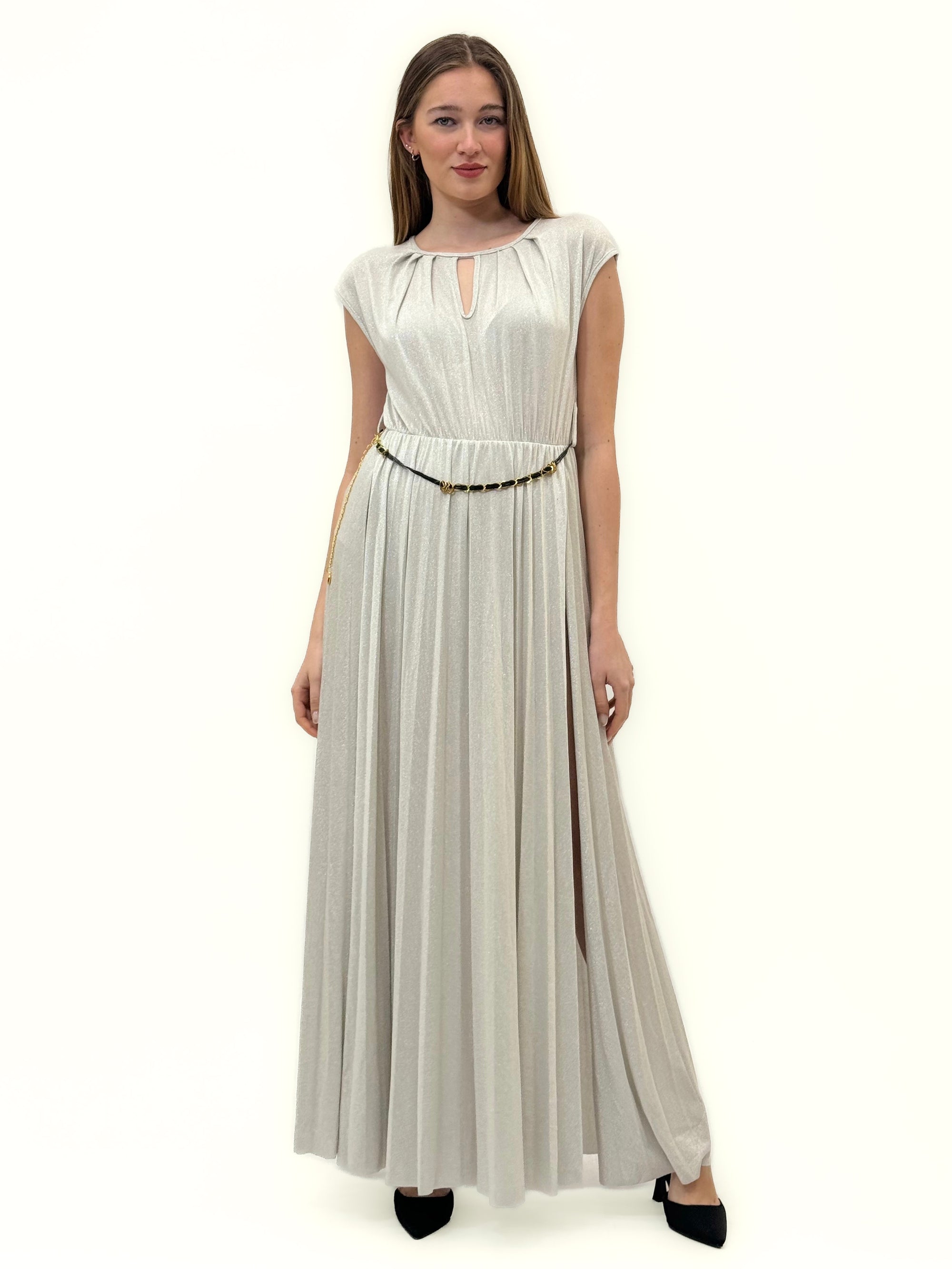 Abito Lungo Laminato con Spacco