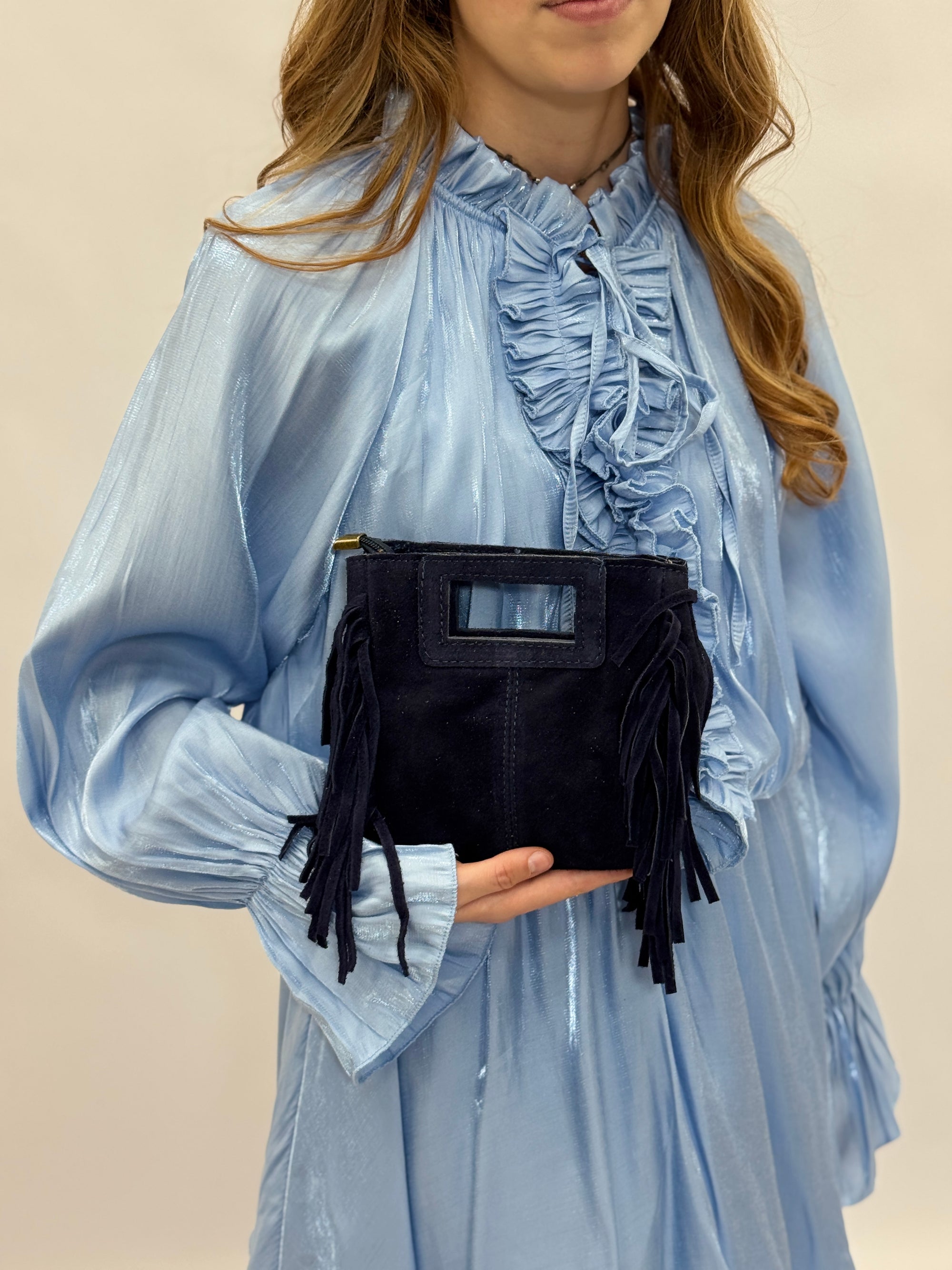 Borsa mini in vera pelle scamosciata con frange – Made in Italy