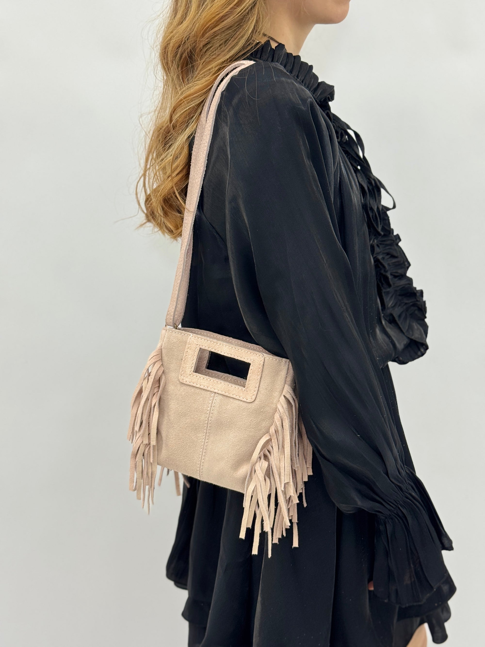 Borsa mini in vera pelle scamosciata con frange – Made in Italy