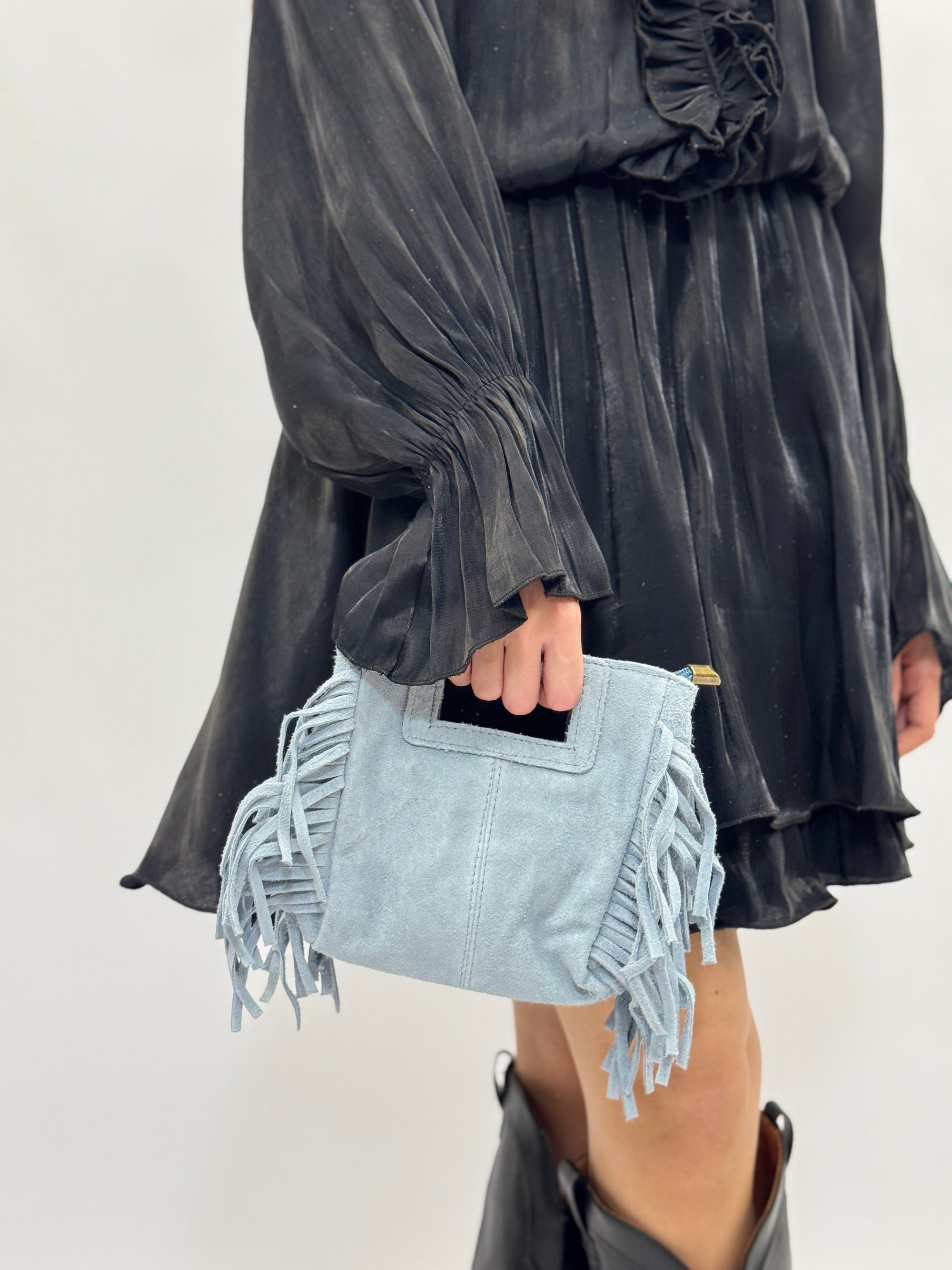 Borsa mini in vera pelle scamosciata con frange – Made in Italy
