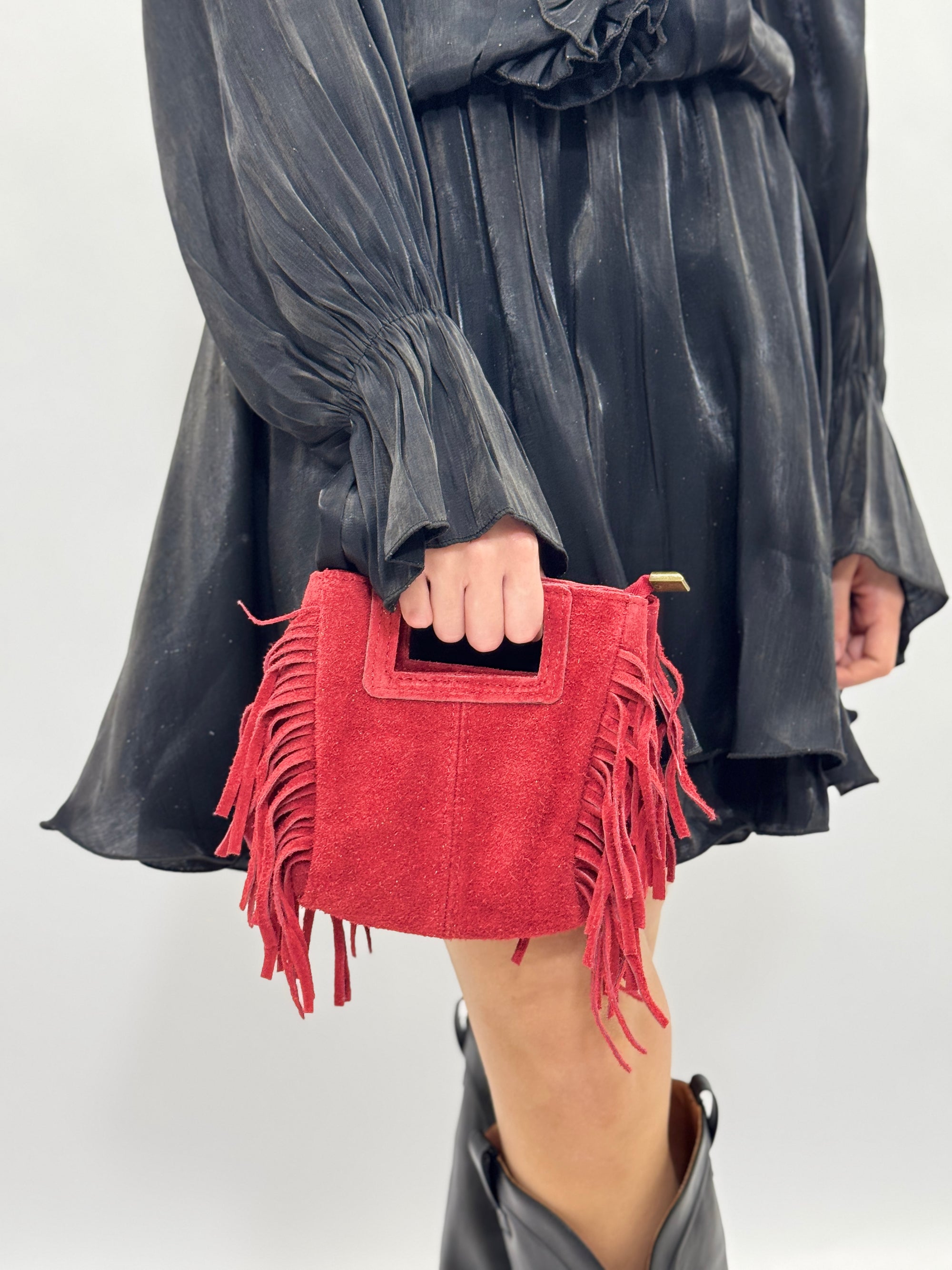 Borsa mini in vera pelle scamosciata con frange – Made in Italy