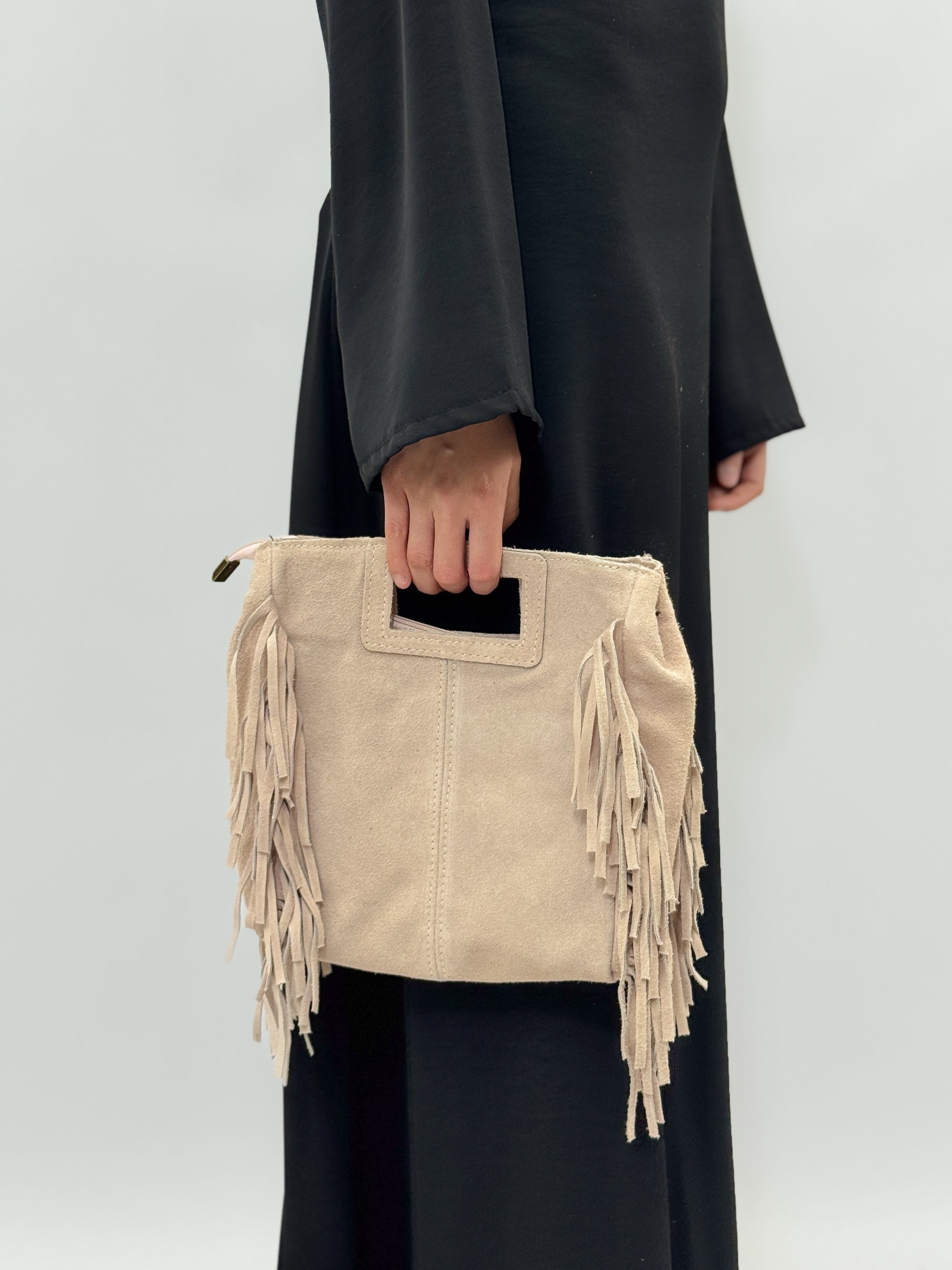 Borsa in vera pelle scamosciata con frange – Made in Italy