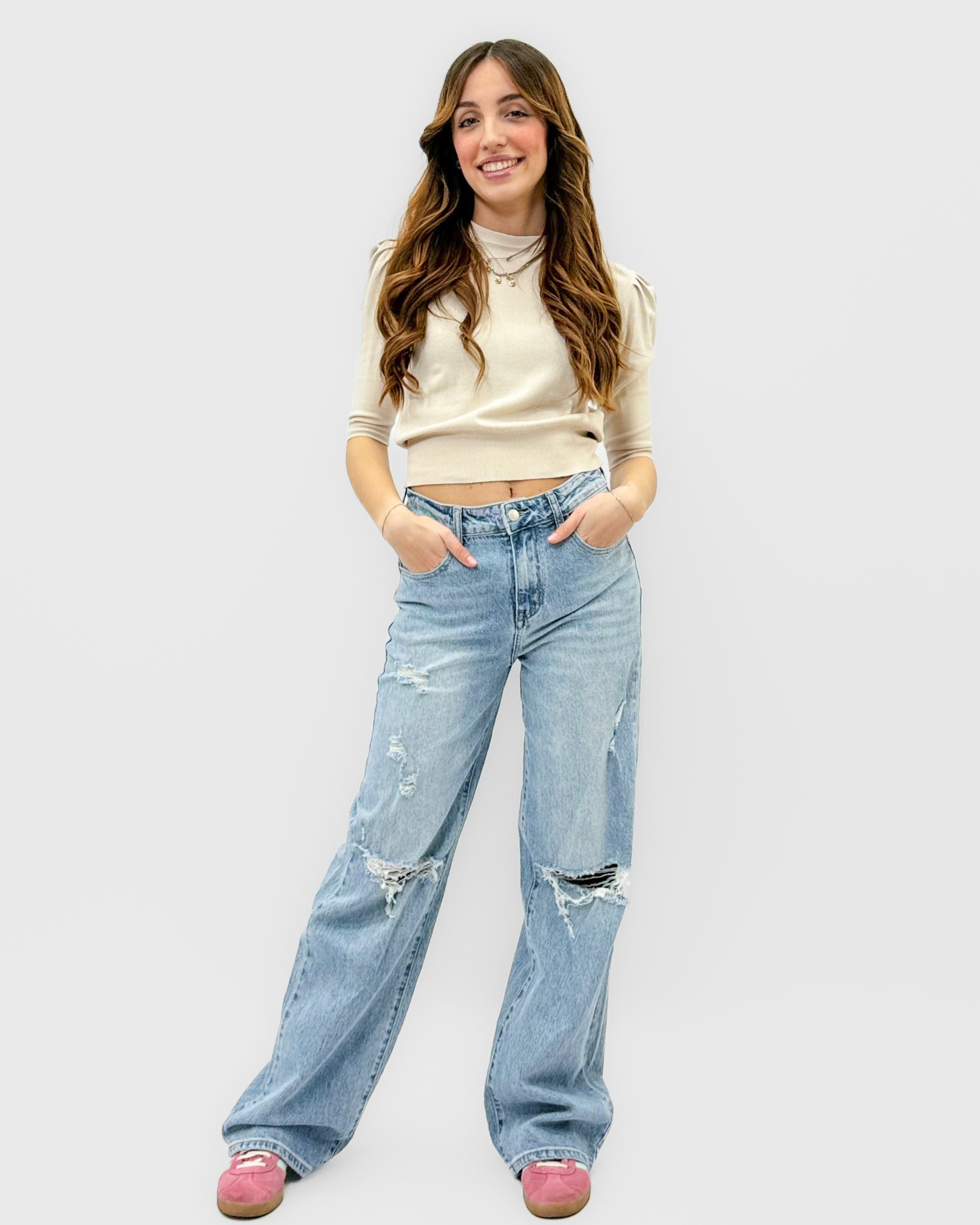 Jeans Donna Wide Leg Chiaro con Strappi