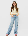 Jeans Donna Wide Leg Chiaro con Strappi