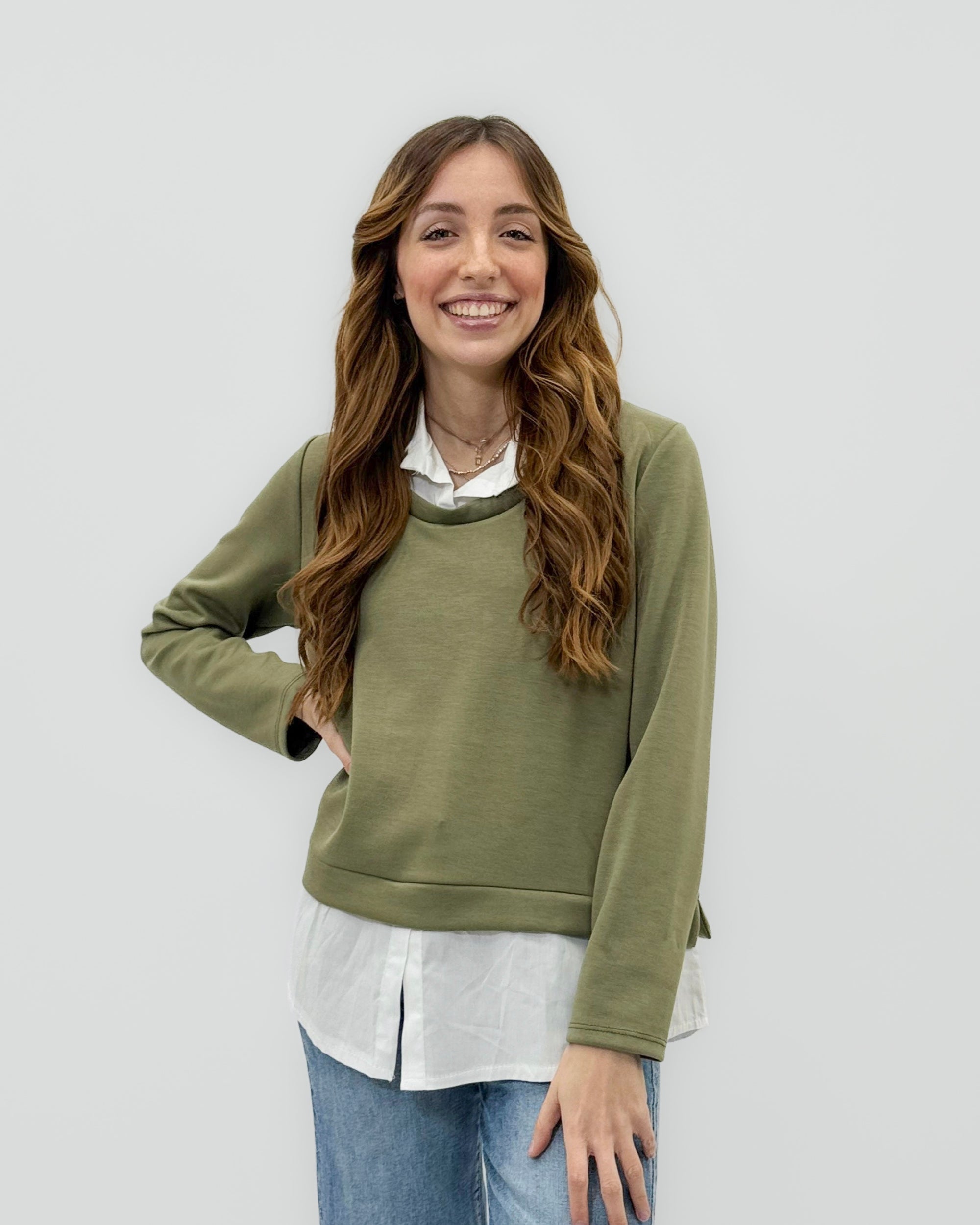 Maglia con Inserto Camicia Bianco