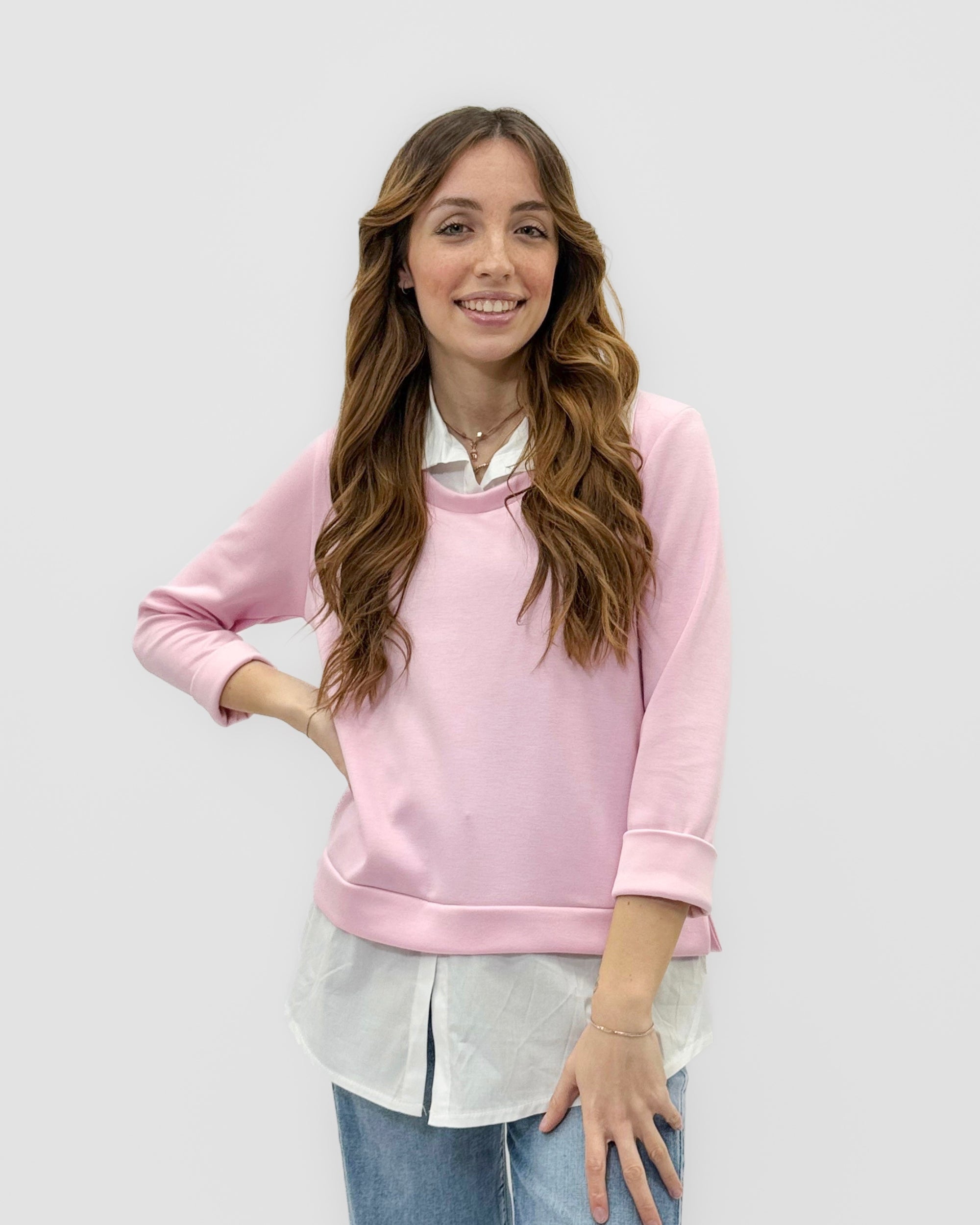 Maglia con Inserto Camicia Bianco