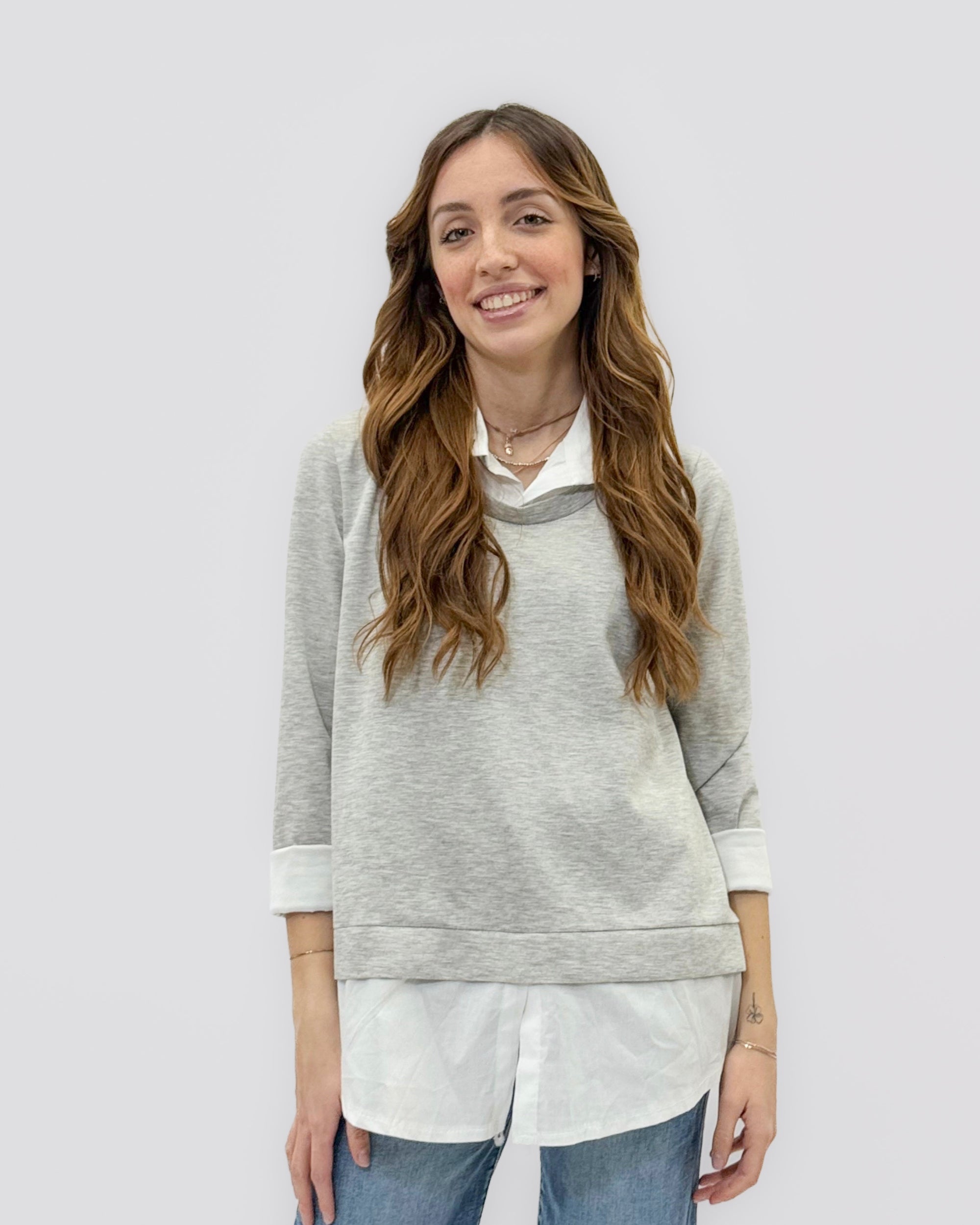 Maglia con Inserto Camicia Bianco