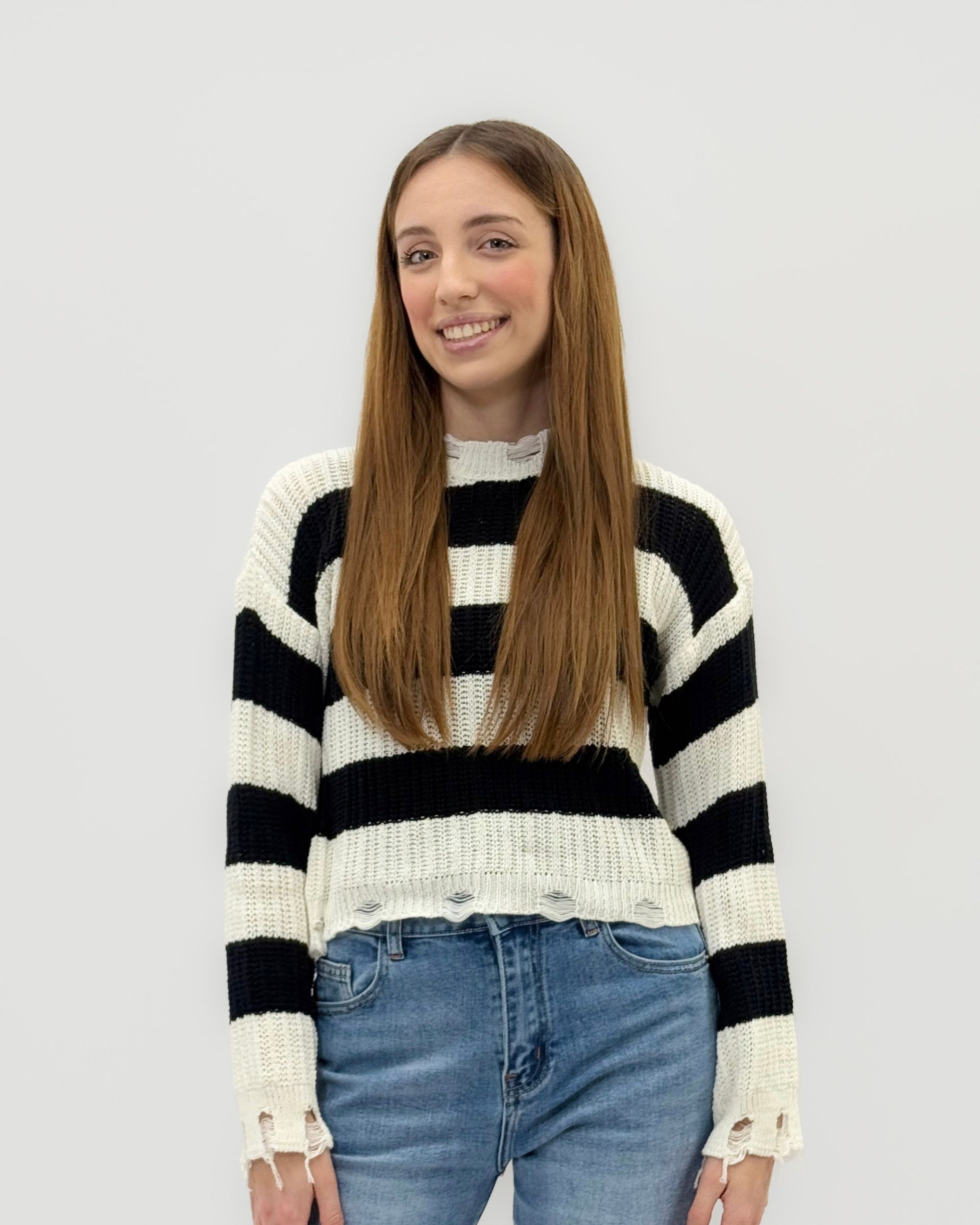 Maglia a Righe con Dettagli Destroyed