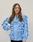 Camicia Donna Azzurra con Rouches e Fiocco al Collo