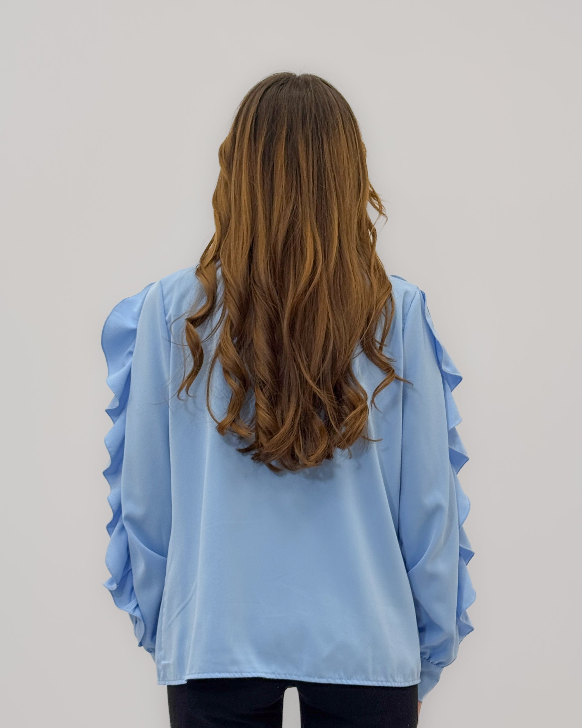 Camicia Donna Azzurra con Rouches e Fiocco al Collo