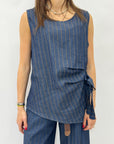 Top Denim a Righe con Nodo Laterale