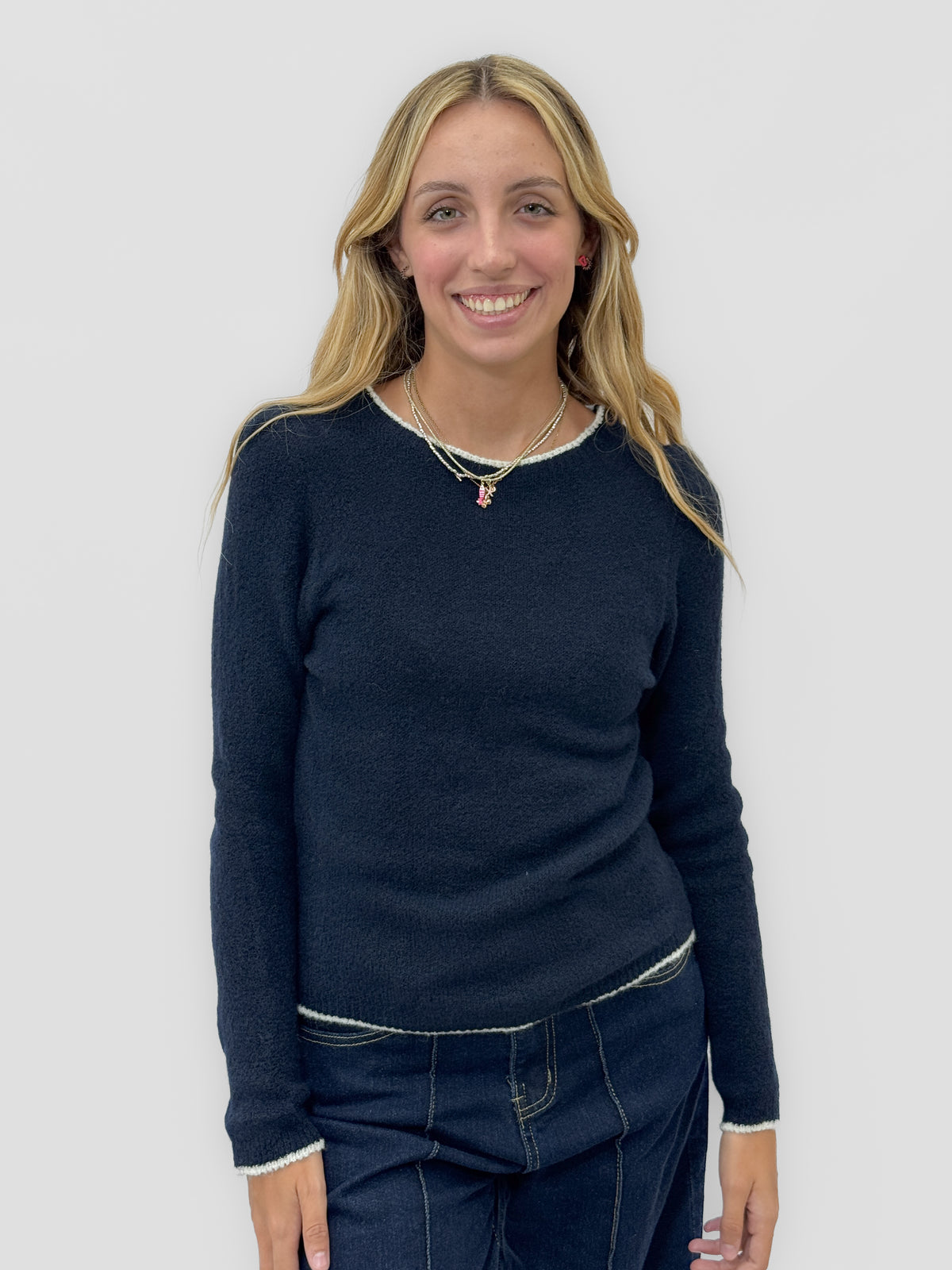 Maglia Girocollo Misto Lana con Profili a Contrasto Made in Italy
