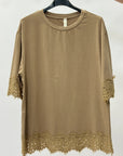 T-Shirt Cotone con Pizzo sul Fondo e Maniche