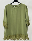T-Shirt Cotone con Pizzo sul Fondo e Maniche