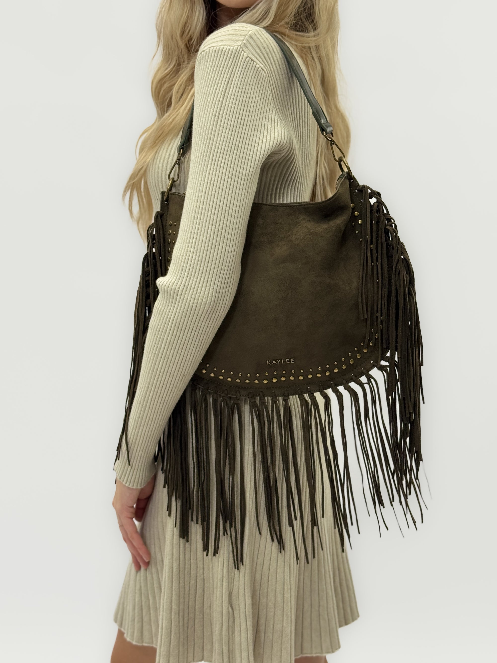 Borsa a spalla scamosciata con frange - stile boho chic