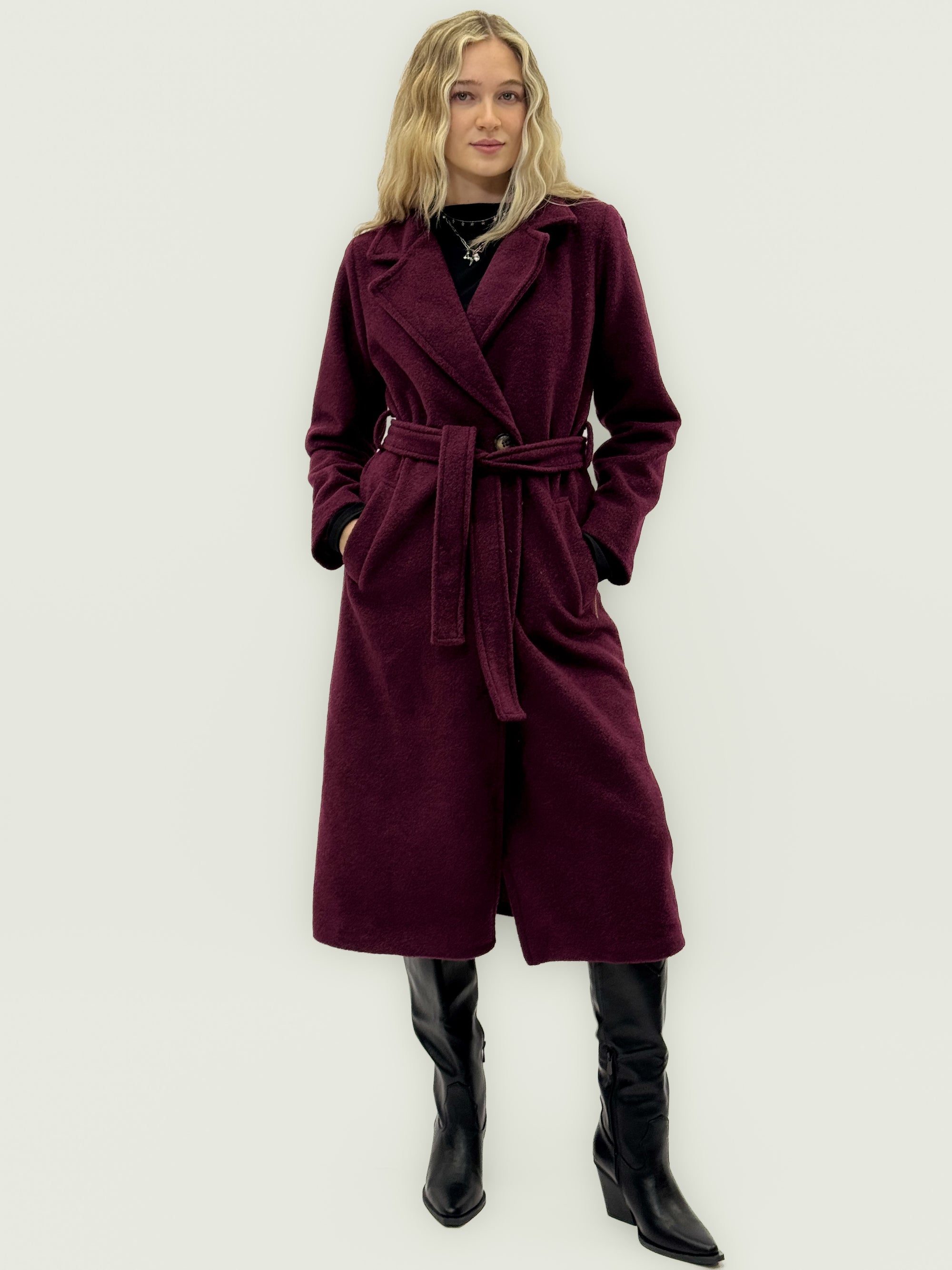 Cappotto bouclé con cintura in misto lana