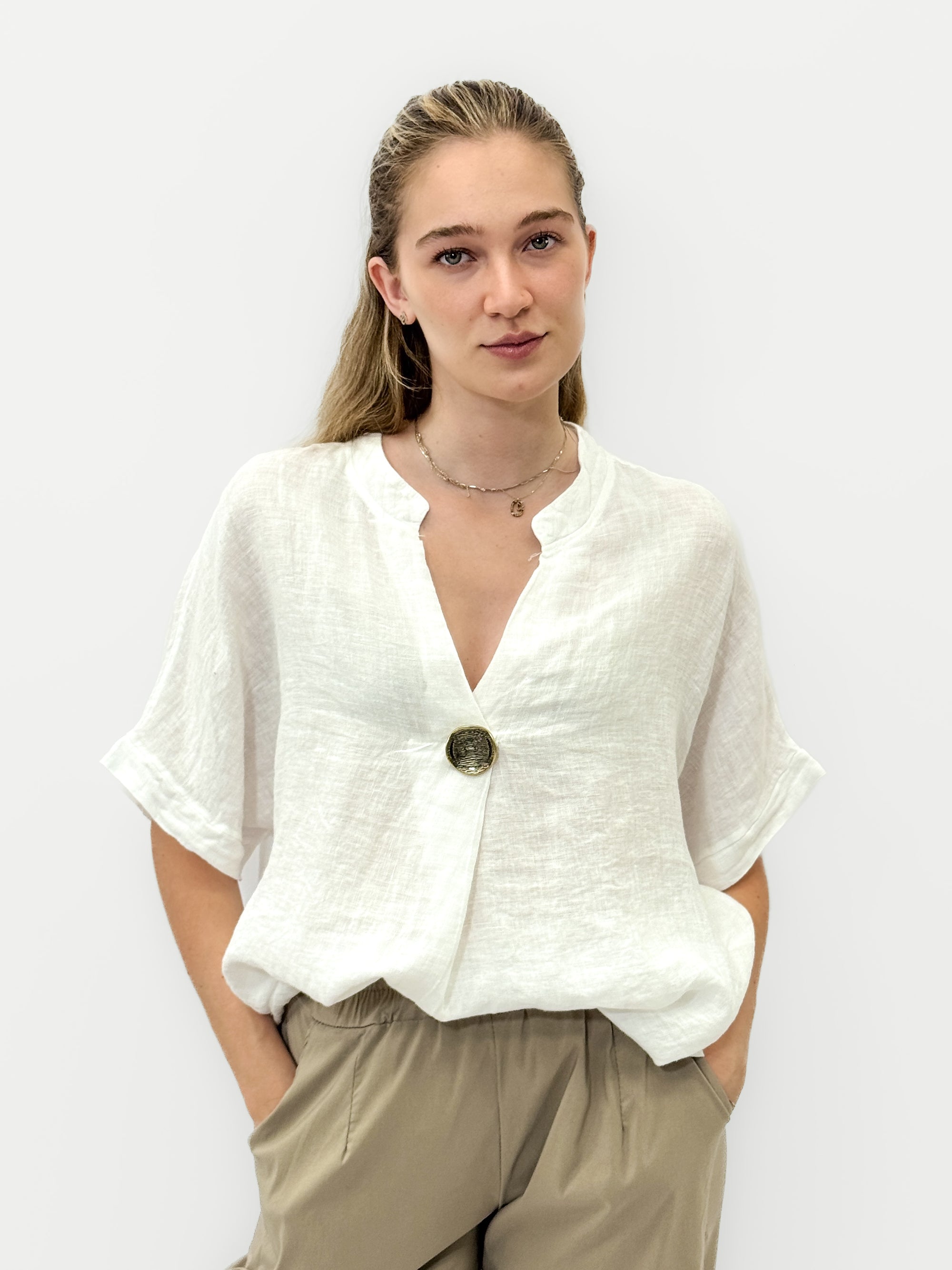 Camicia Bianca in 100% Lino con Bottone Gioiello